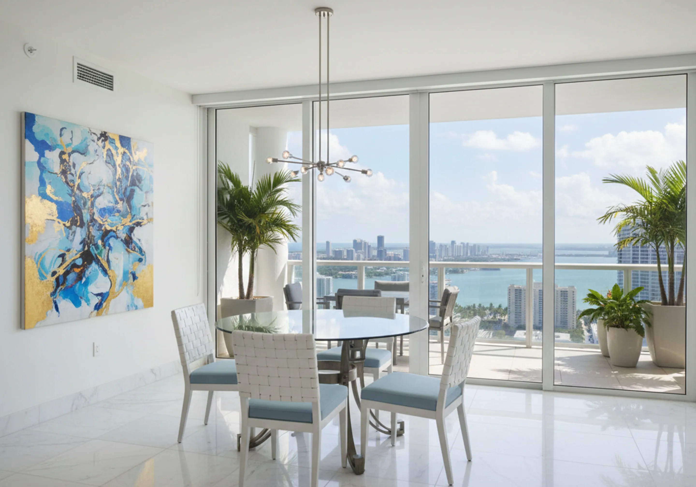 Mesa de comedor antigua para 6 personas en un ambiente moderno con vista al mar.