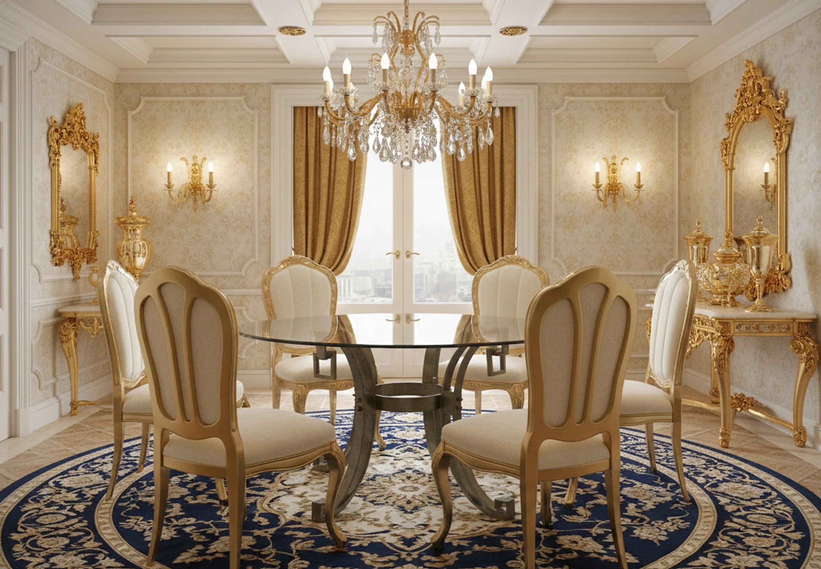 Mesa de jantar antiga para seis pessoas, com design elegante, cercada por cadeiras decorativas.