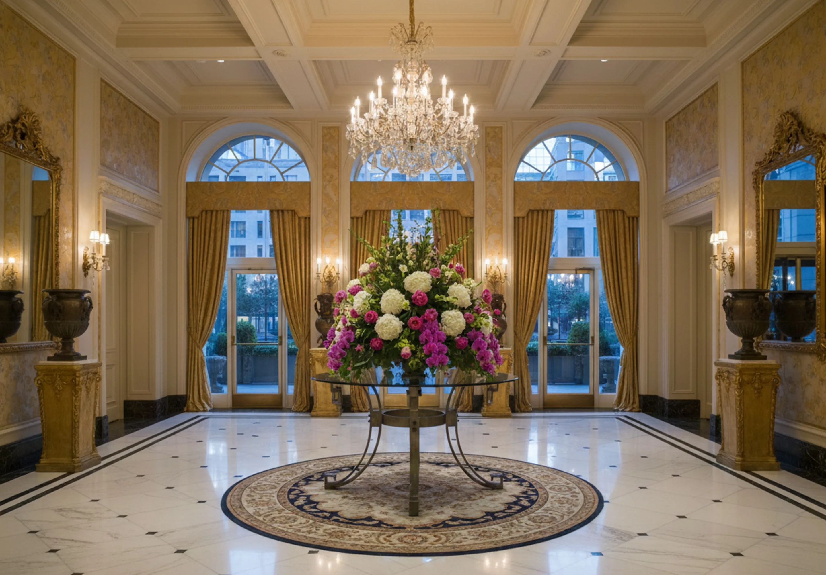 Antique dining table for 6 people in an elegant setting with vases and luxurious curtains.