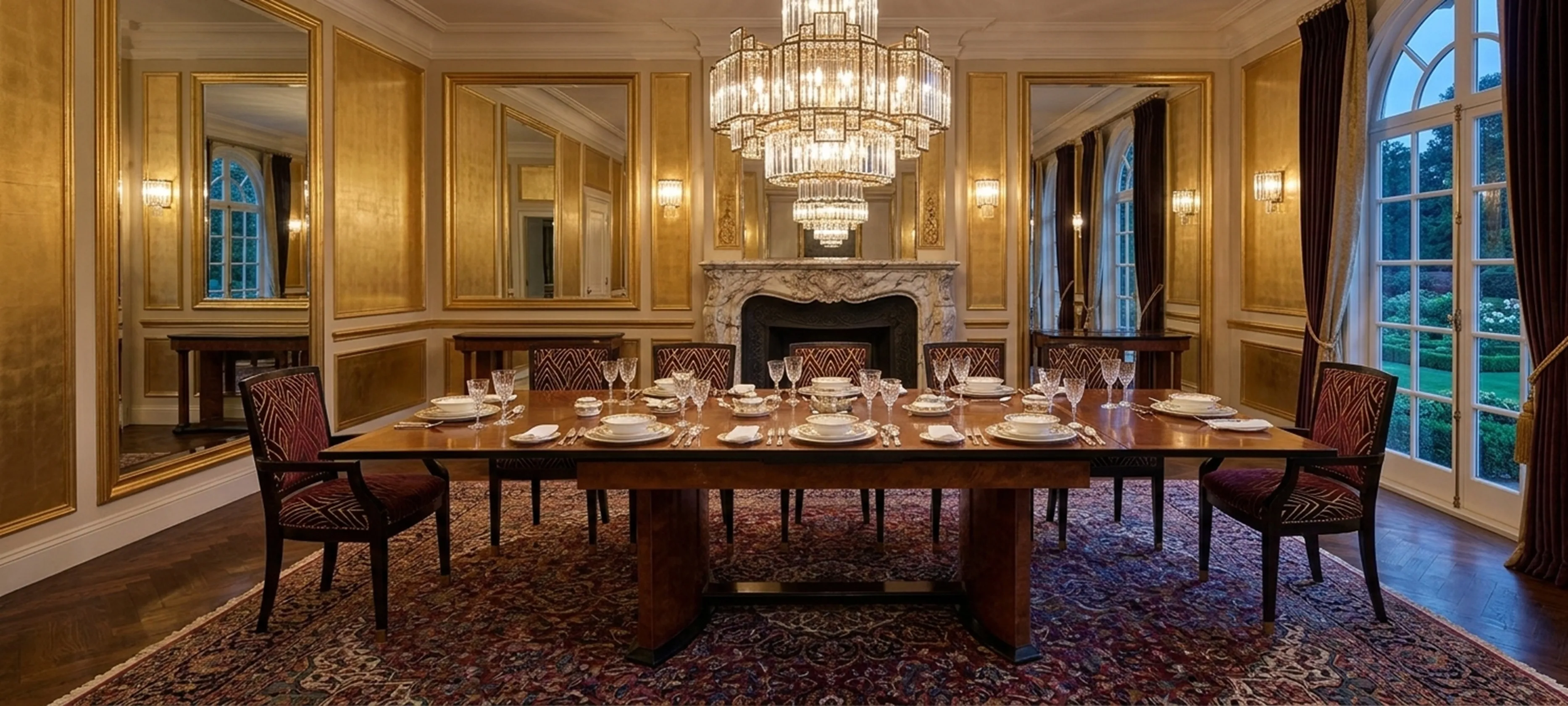 table à manger antique pour 12 personnes, élégamment dressée avec vaisselle et verres