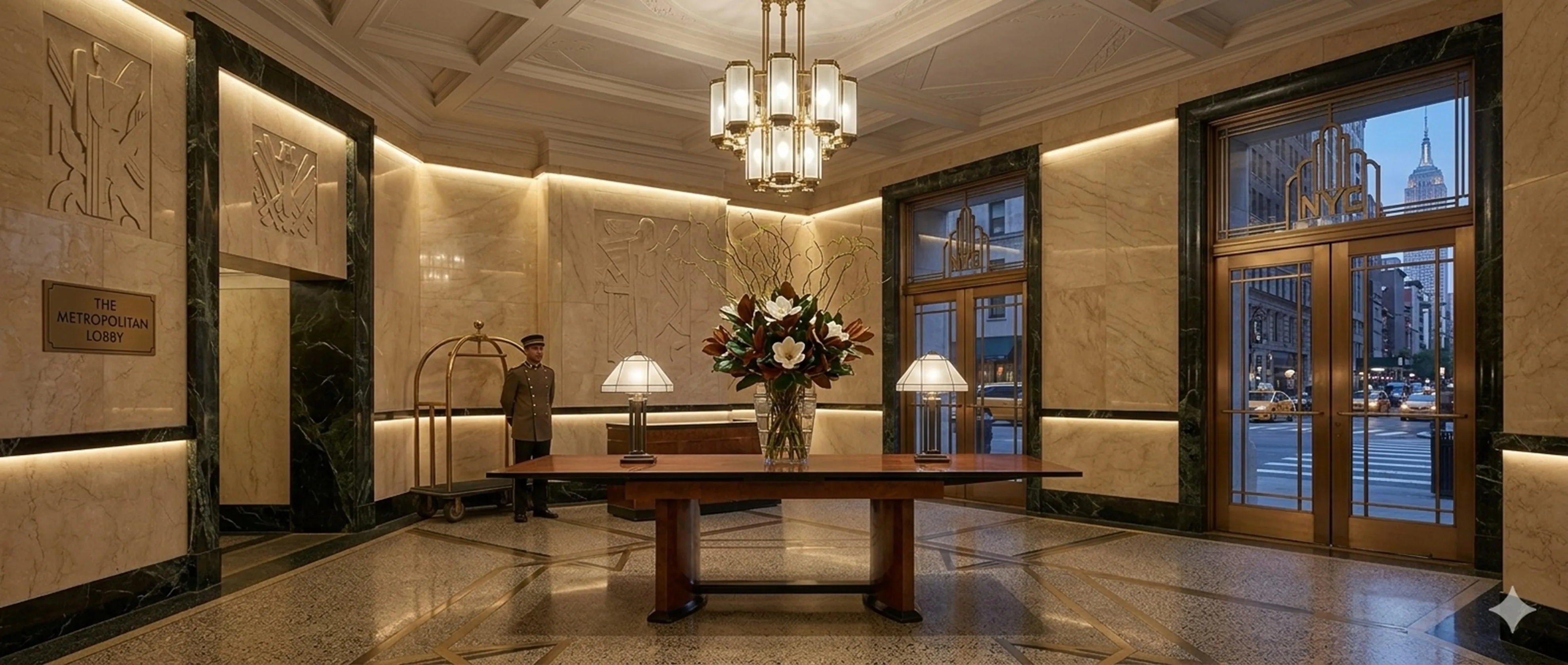 Table à manger antique pour 12 personnes dans un hall élégant avec des fleurs et une lampe