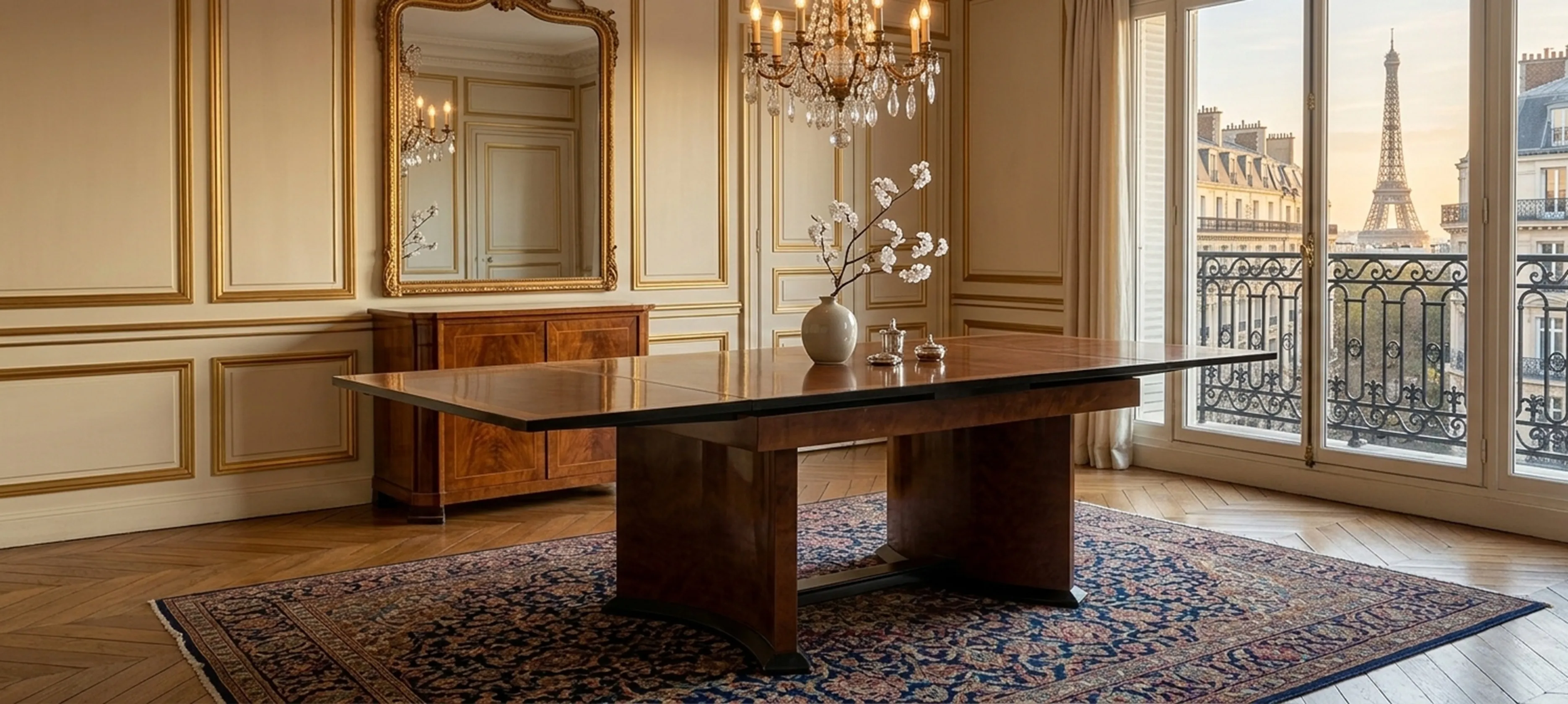 antique dining table for 12 in elegant dining room with view