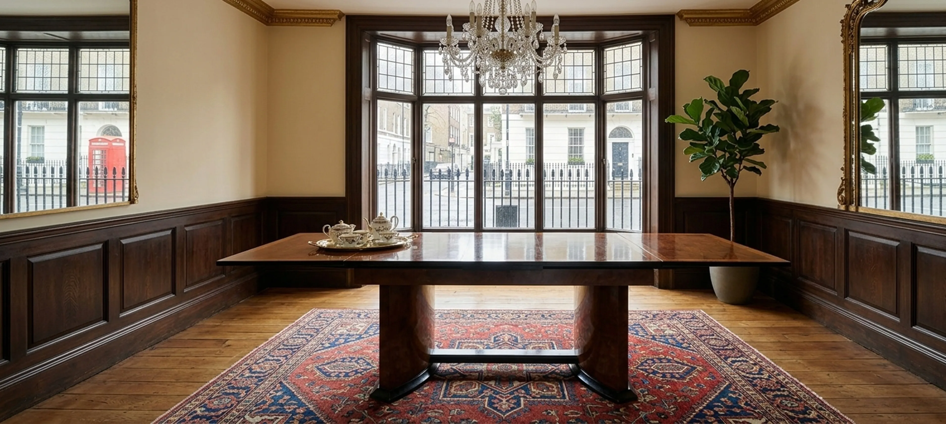 Tavolo da pranzo antico in una stanza elegante con un lampadario.