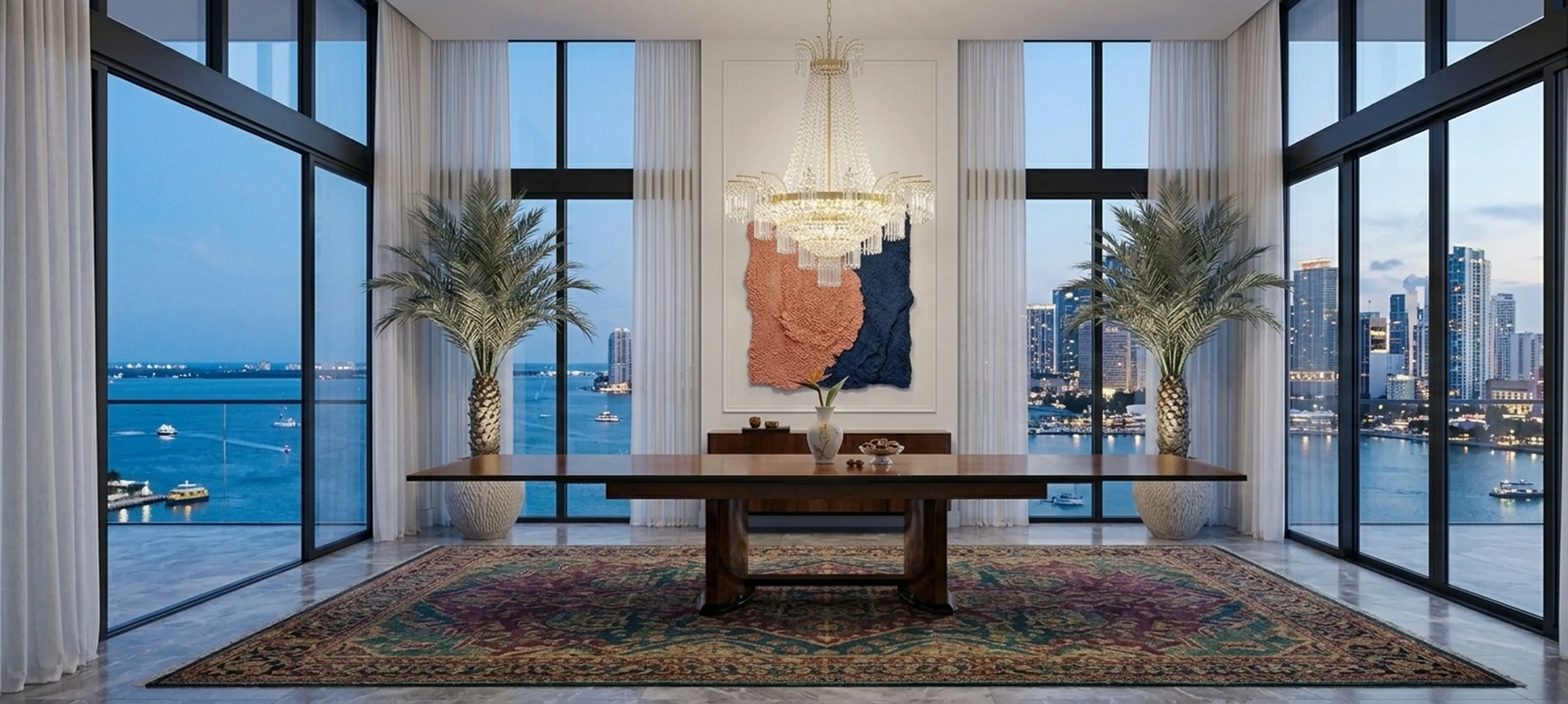 Antiker Esstisch für 12 Personen in einer stilvollen Umgebung mit Meerblick.