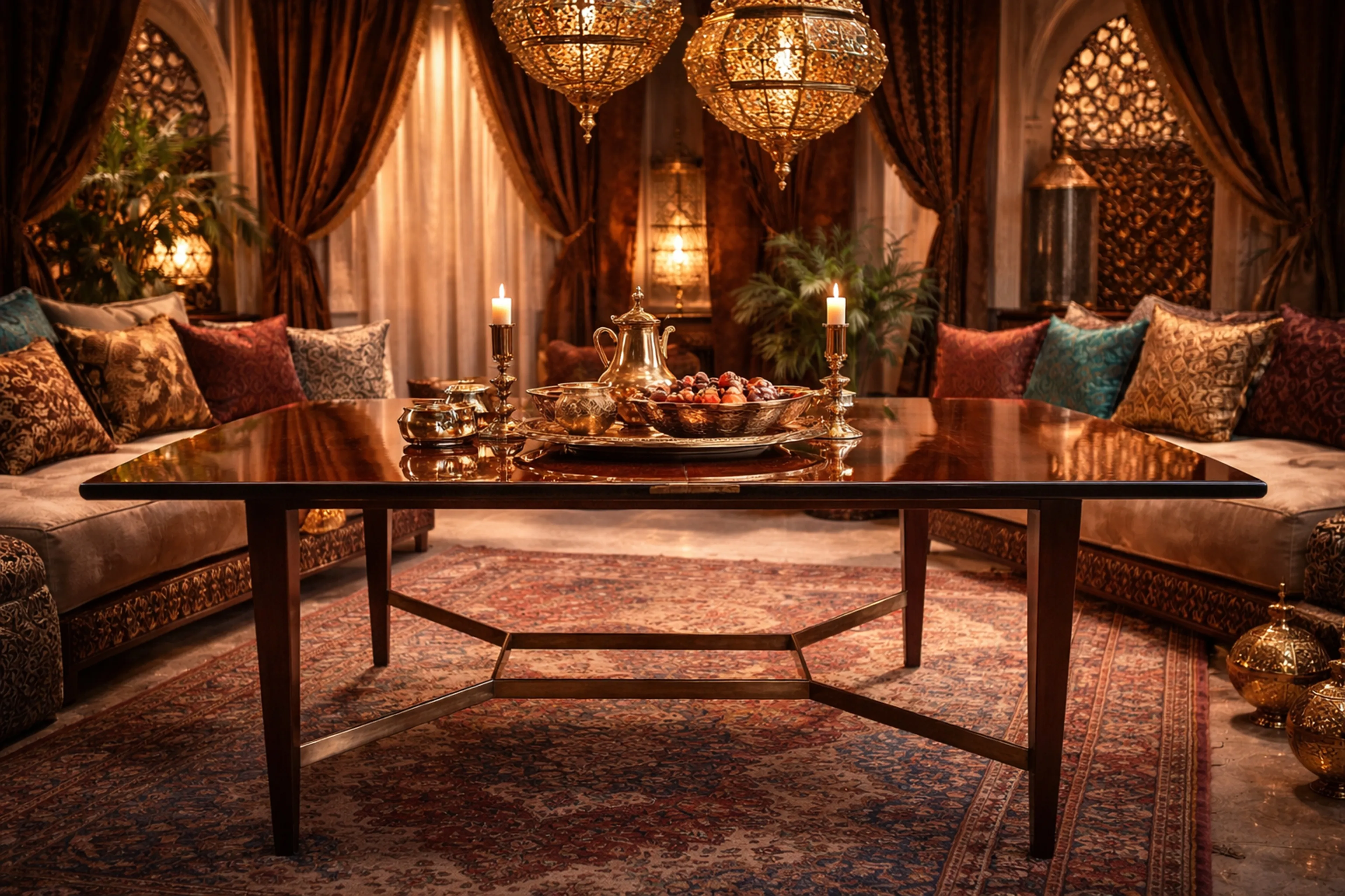 アンティークダイニングテーブルが居心地の良いエレガントな空間に置かれ、カラフルなクッションと煌めくシャンデリアに囲まれています。