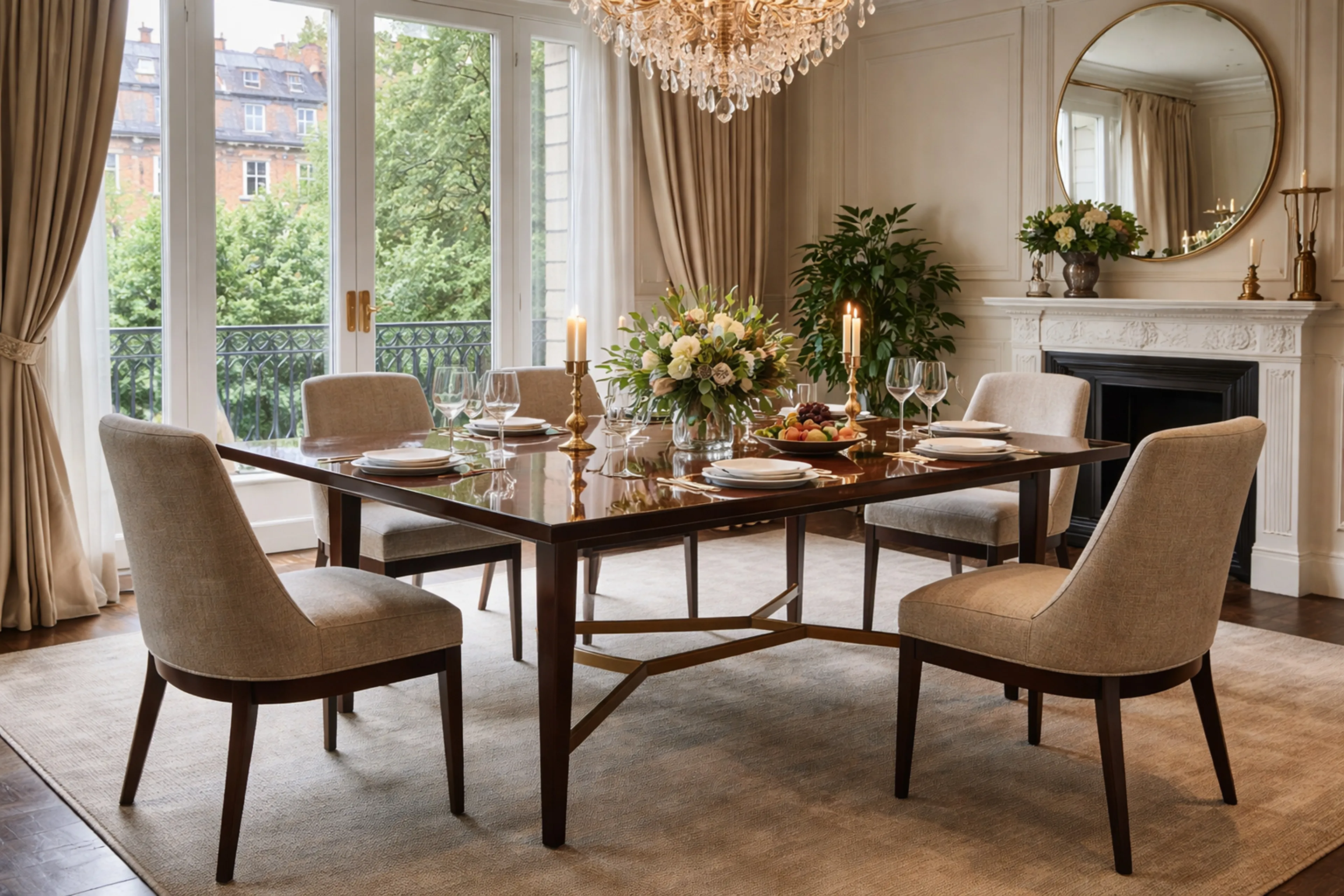 Antique dining table for 10 to 6 people, decorated with flowers