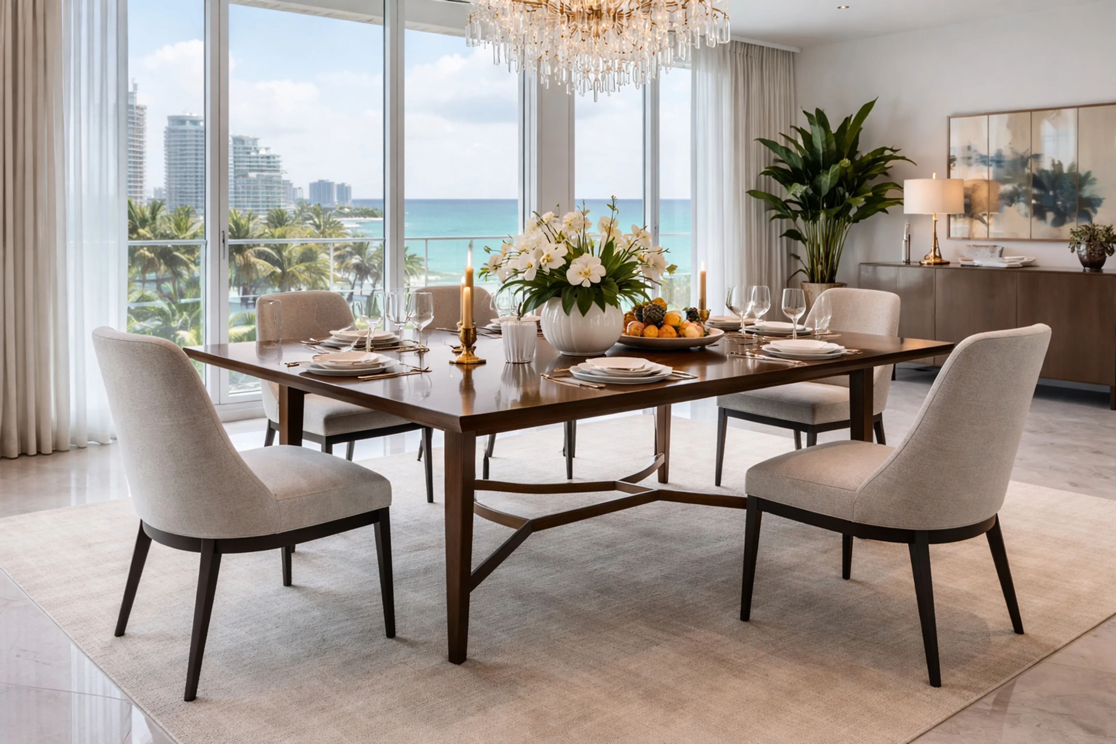 طاولة طعام قديمة لـ10 أو 6 أشخاص، مزينة بالزهور والفواكه، منظر البحر.