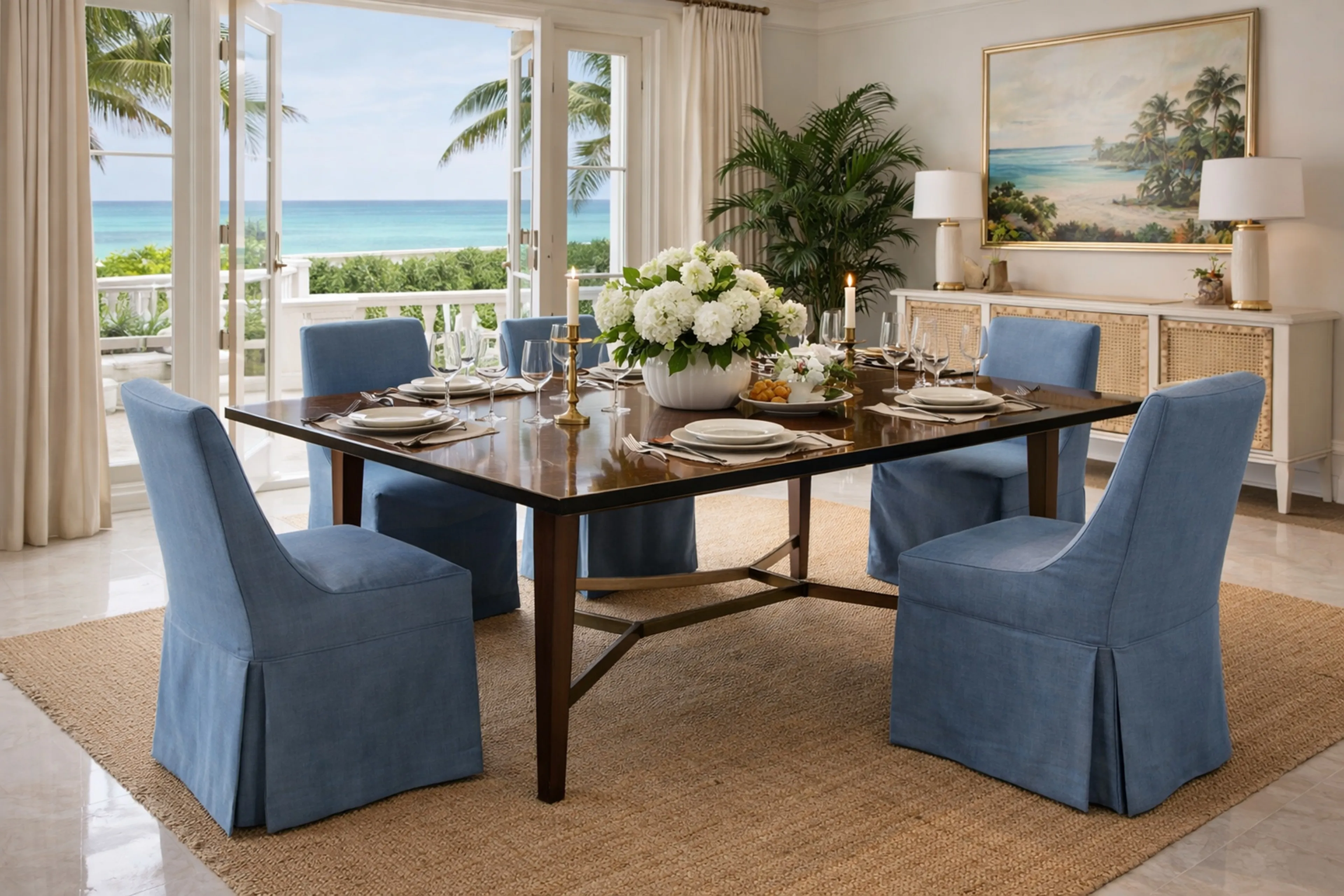 餐桌古董为10/6人，置于明亮环境中，装饰有花卉。