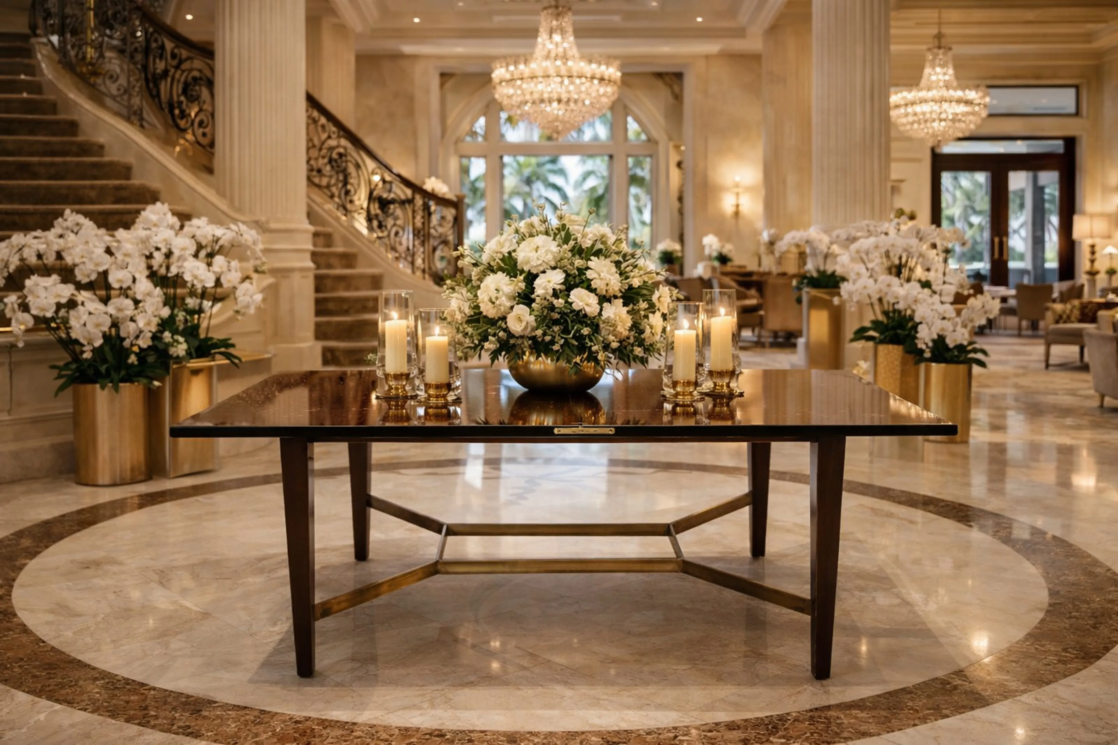 Mesa de jantar antiga para 10/6 pessoas, decorada com flores e velas em um ambiente elegante