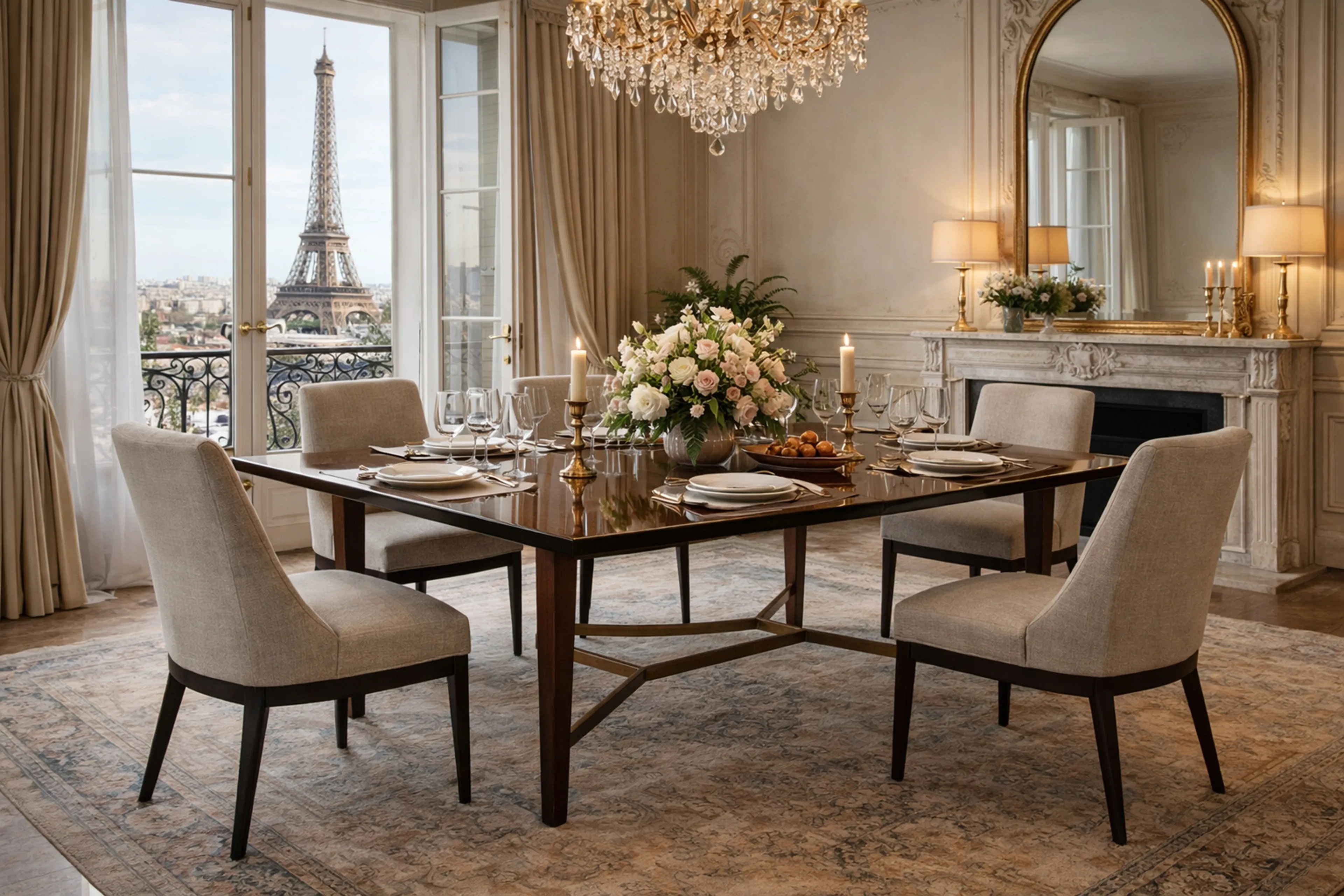 Mesa de jantar antiga para 10 ou 6 pessoas, elegante com flores e velas.