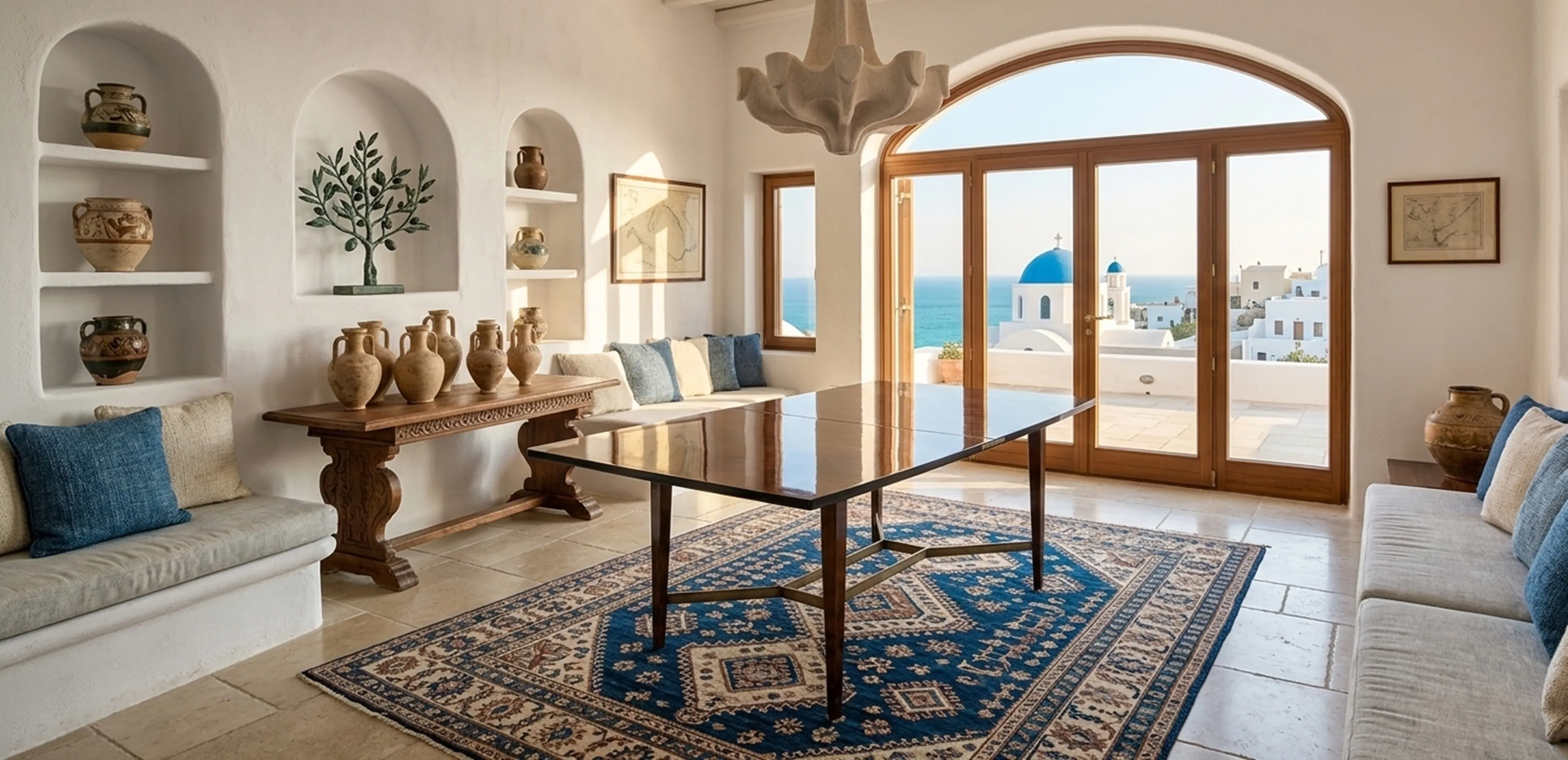 Antique dining table for 10 or 6 people in a cozy environment with decorations