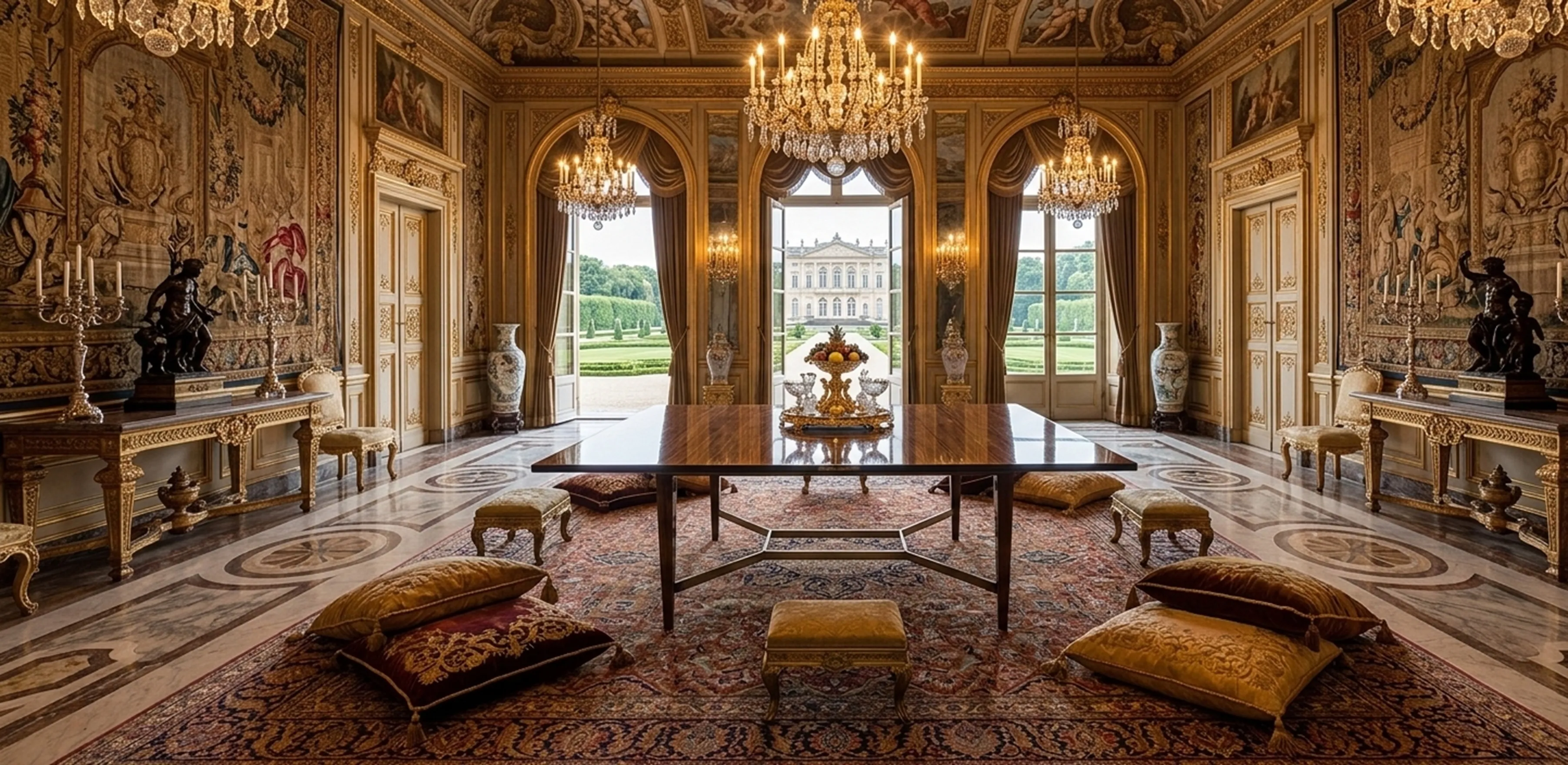 Antiker Esstisch für 10 oder 6 Personen in einem eleganten, luxuriös dekorierten Raum.