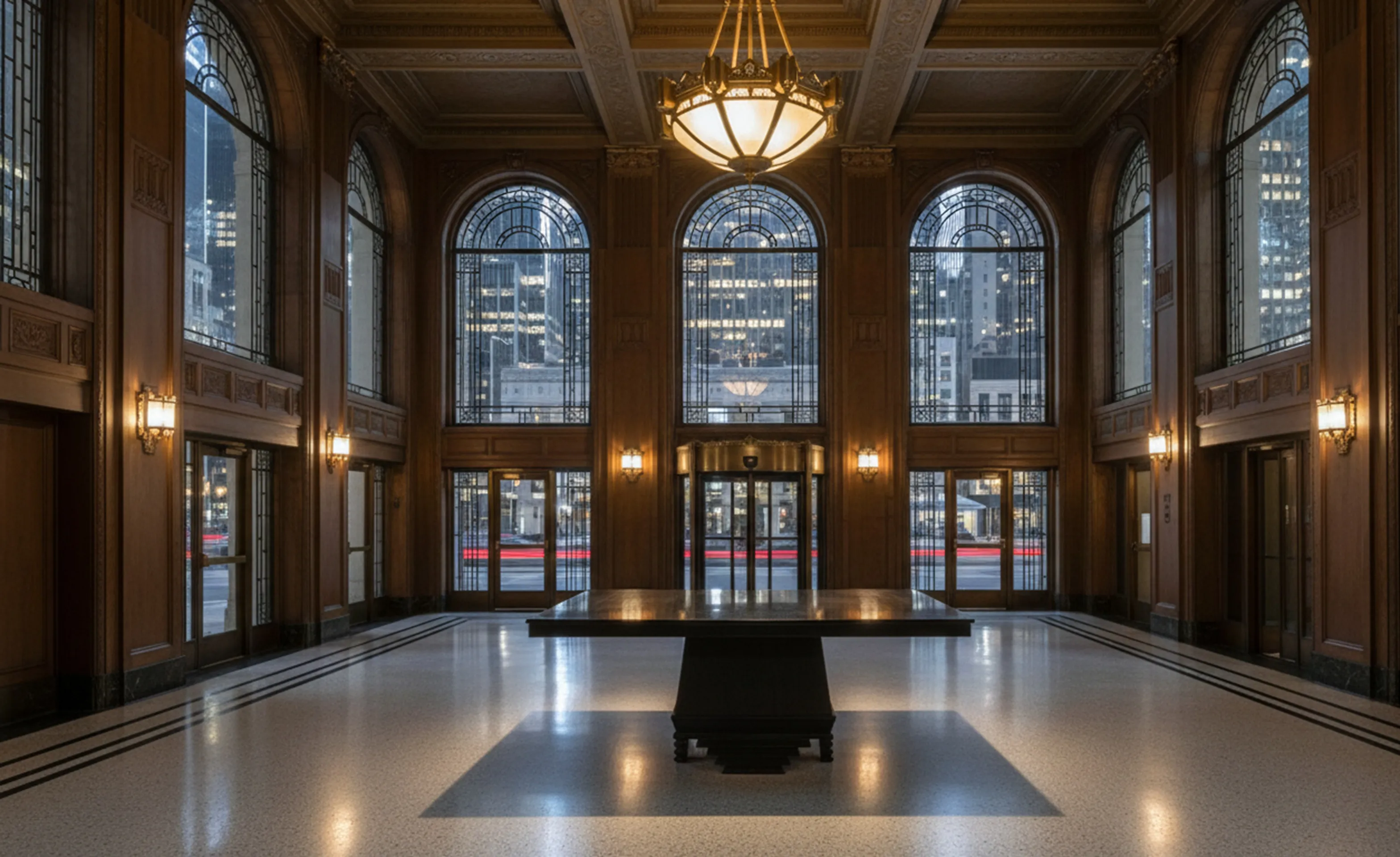 고풍스러운 식탁이 큰 창문과 조명이 있는 우아한 환경에 있습니다