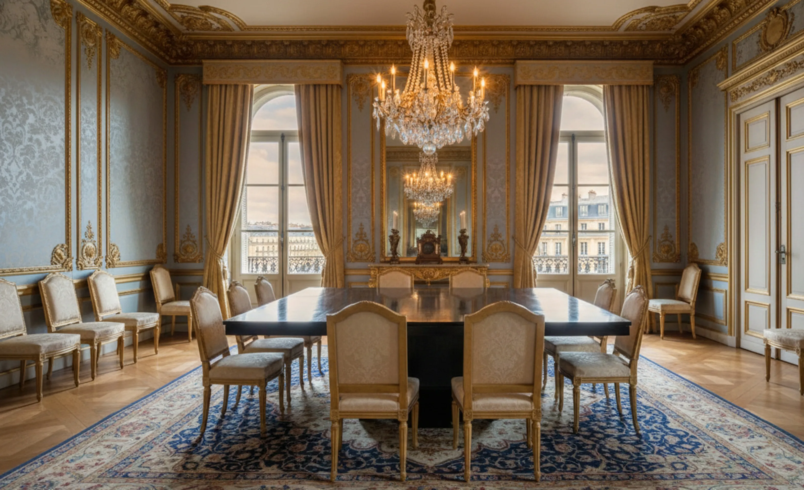 antique dining table with chairs in an elegantly decorated room