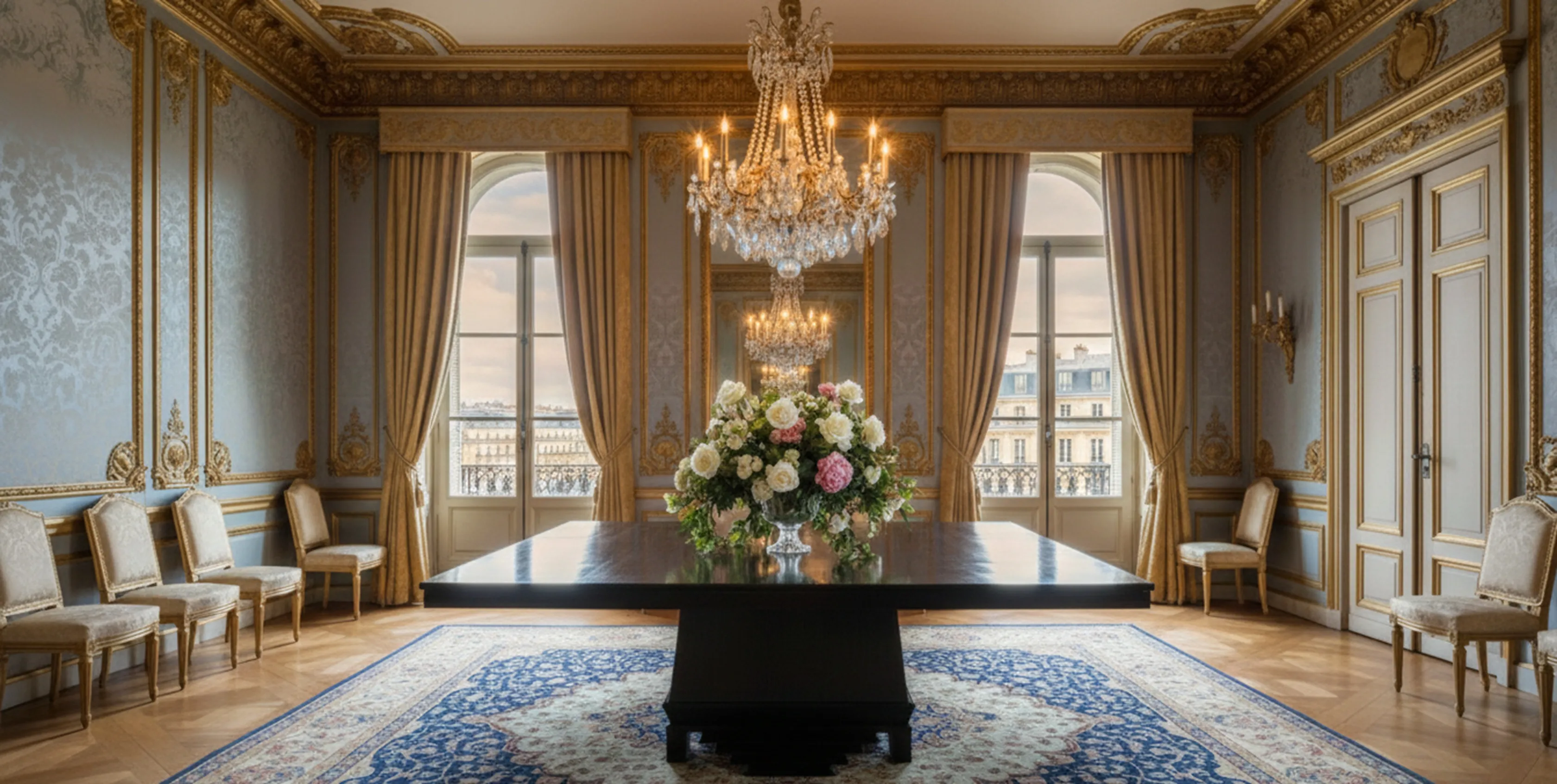 Antique dining table with floral arrangement, elegant setting.