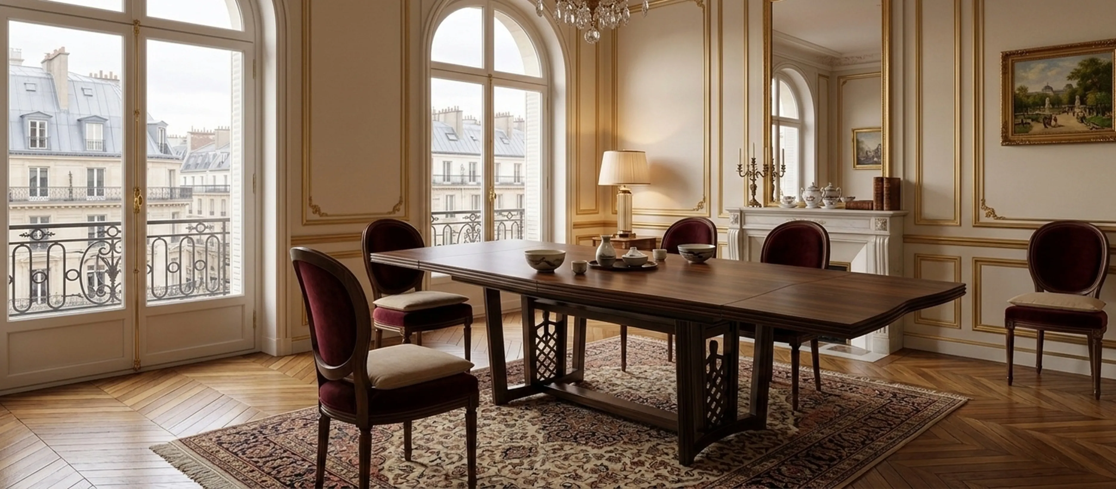 tavolo da pranzo antico per dieci persone, ambiente elegante