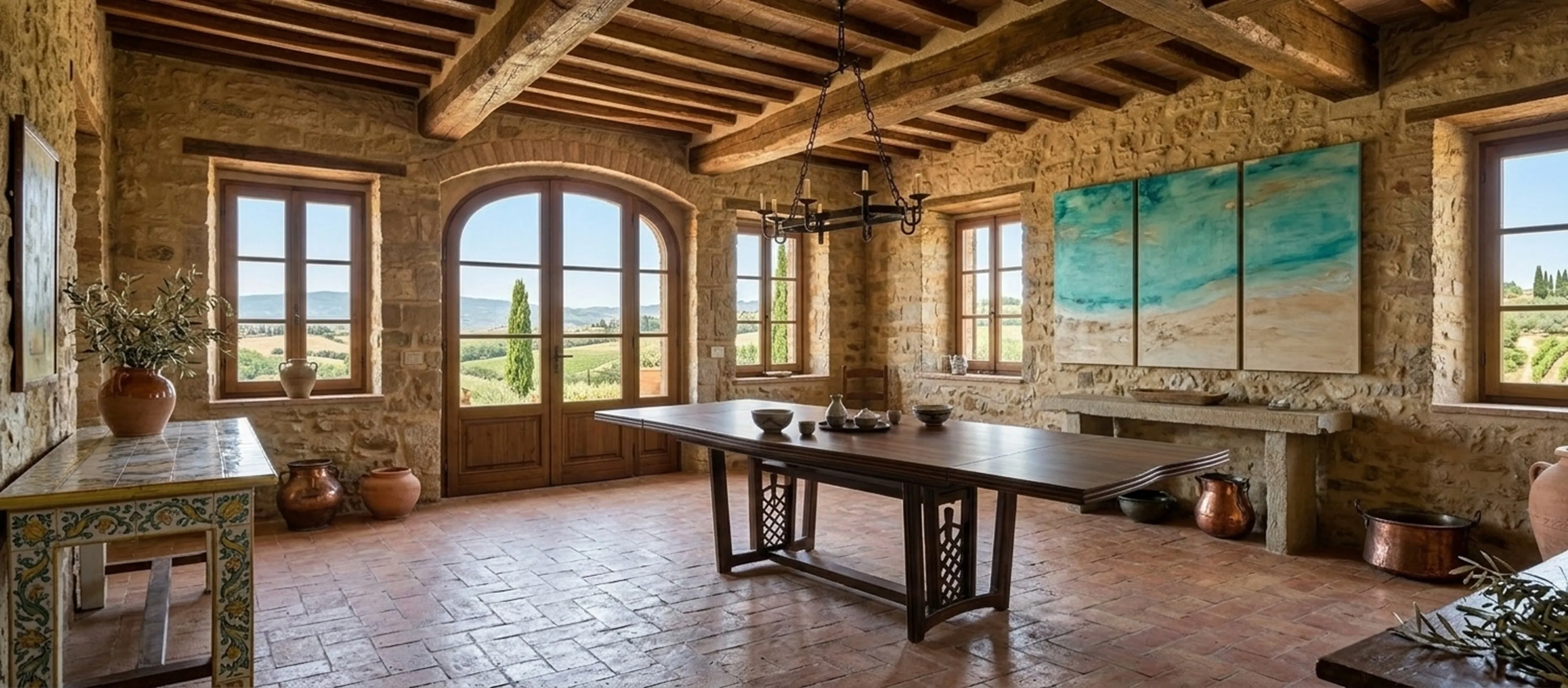 Tavolo da pranzo antico per 10 persone in ambiente rustico