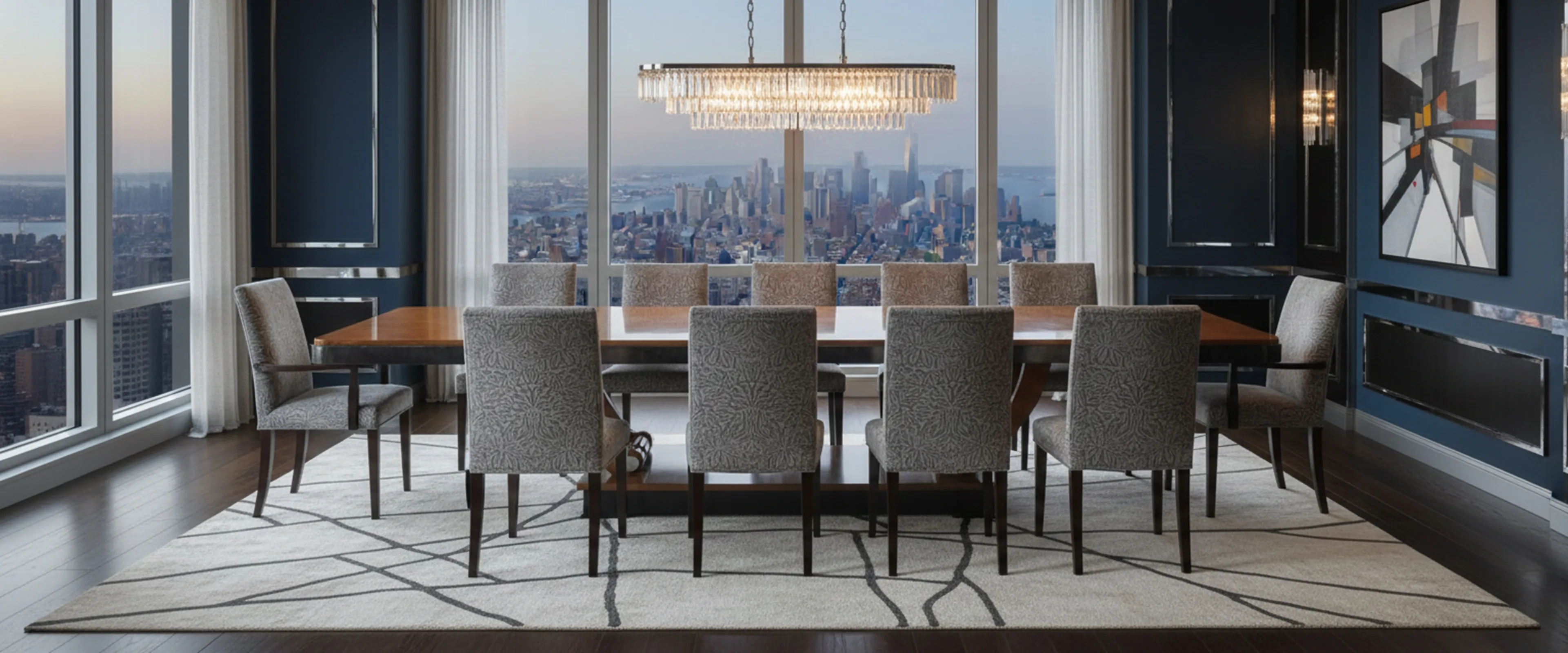 Antiker Esstisch für 12 Personen, umgeben von Stühlen, in einer eleganten Umgebung