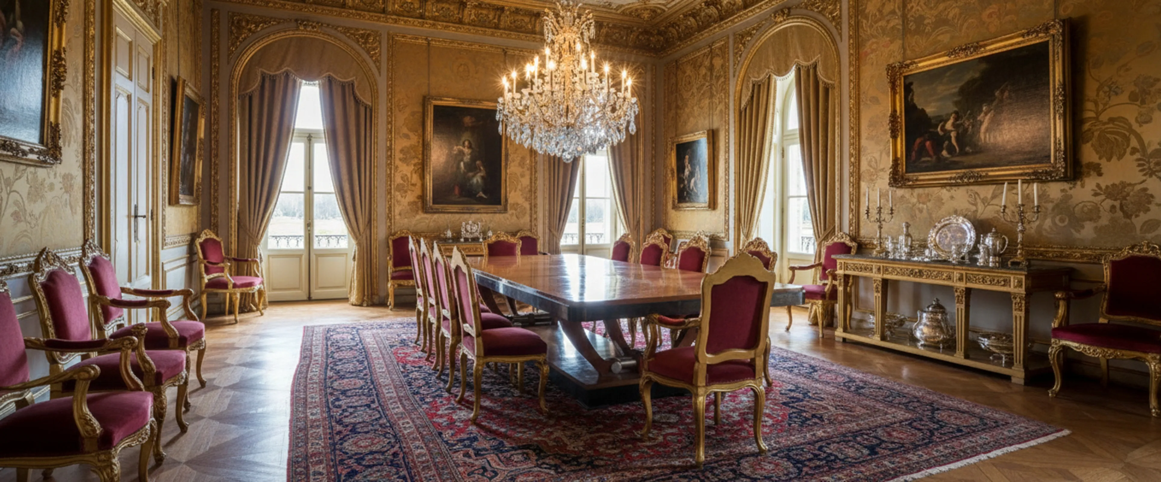 Antiker Esstisch für 12 Personen, elegant und geräumig, in einem luxuriösen Umfeld mit roten Stühlen.