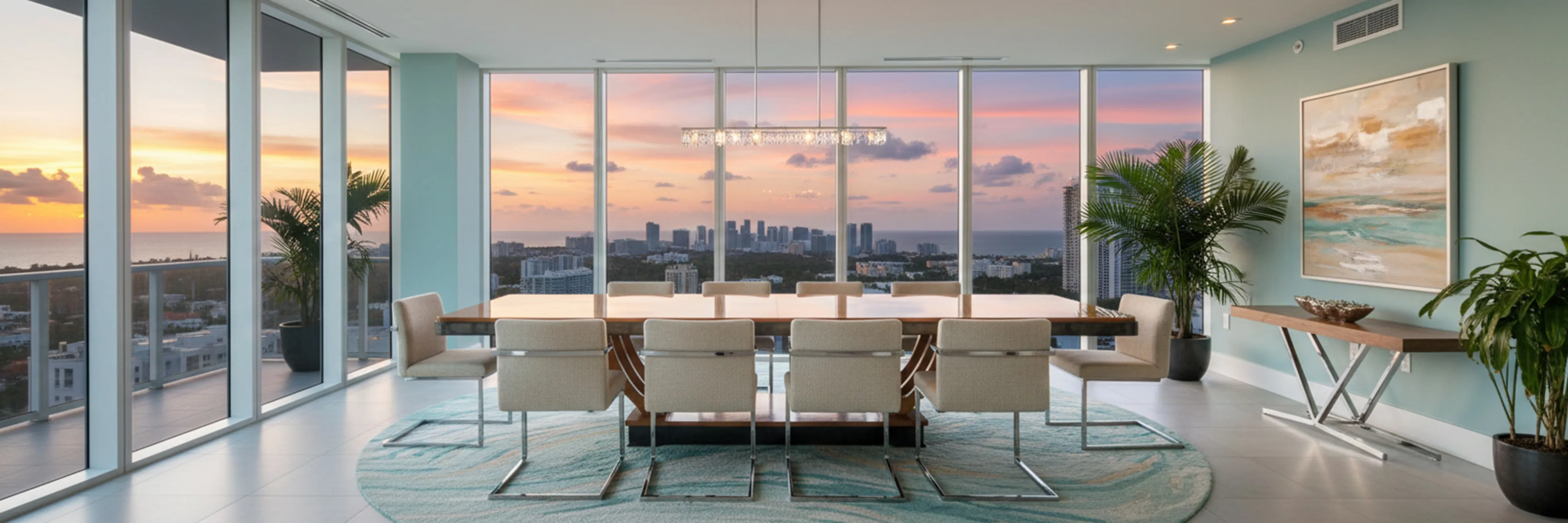Mesa de comedor antigua para 12 personas con vista al atardecer