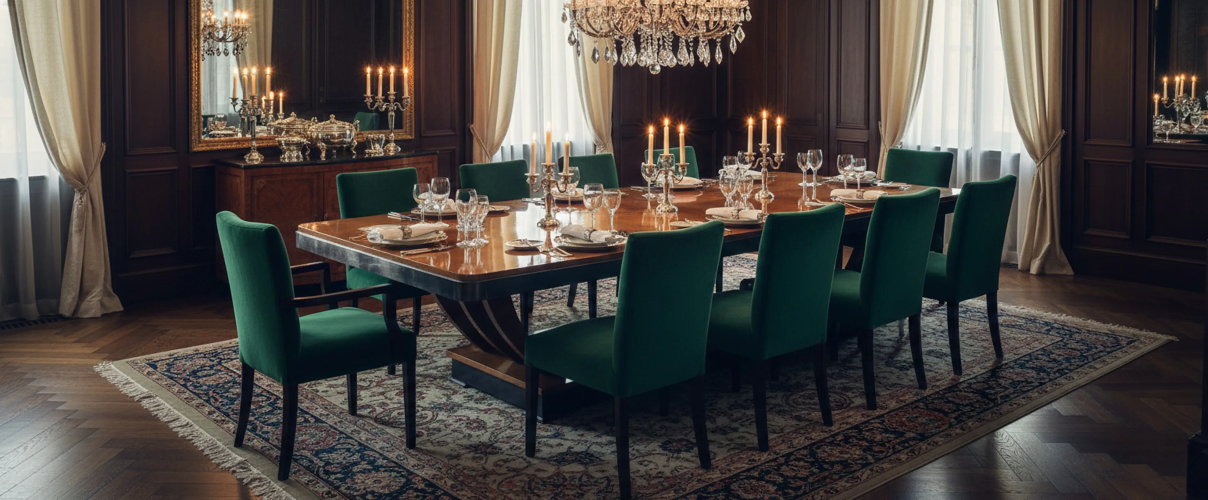 Table à manger ancienne pour 12 personnes avec chaises vertes