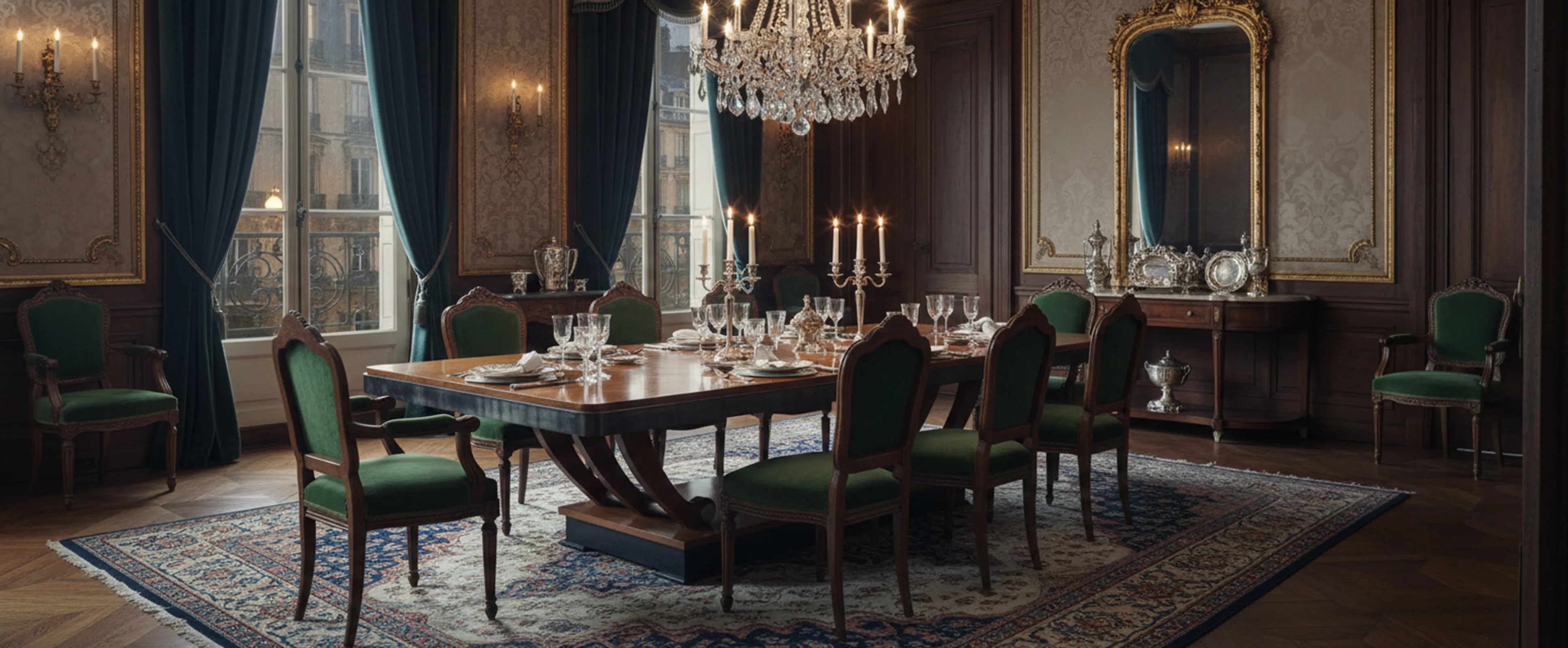 Tavolo da pranzo antico per 12 persone, circondato da sedie verdi e candelabri.