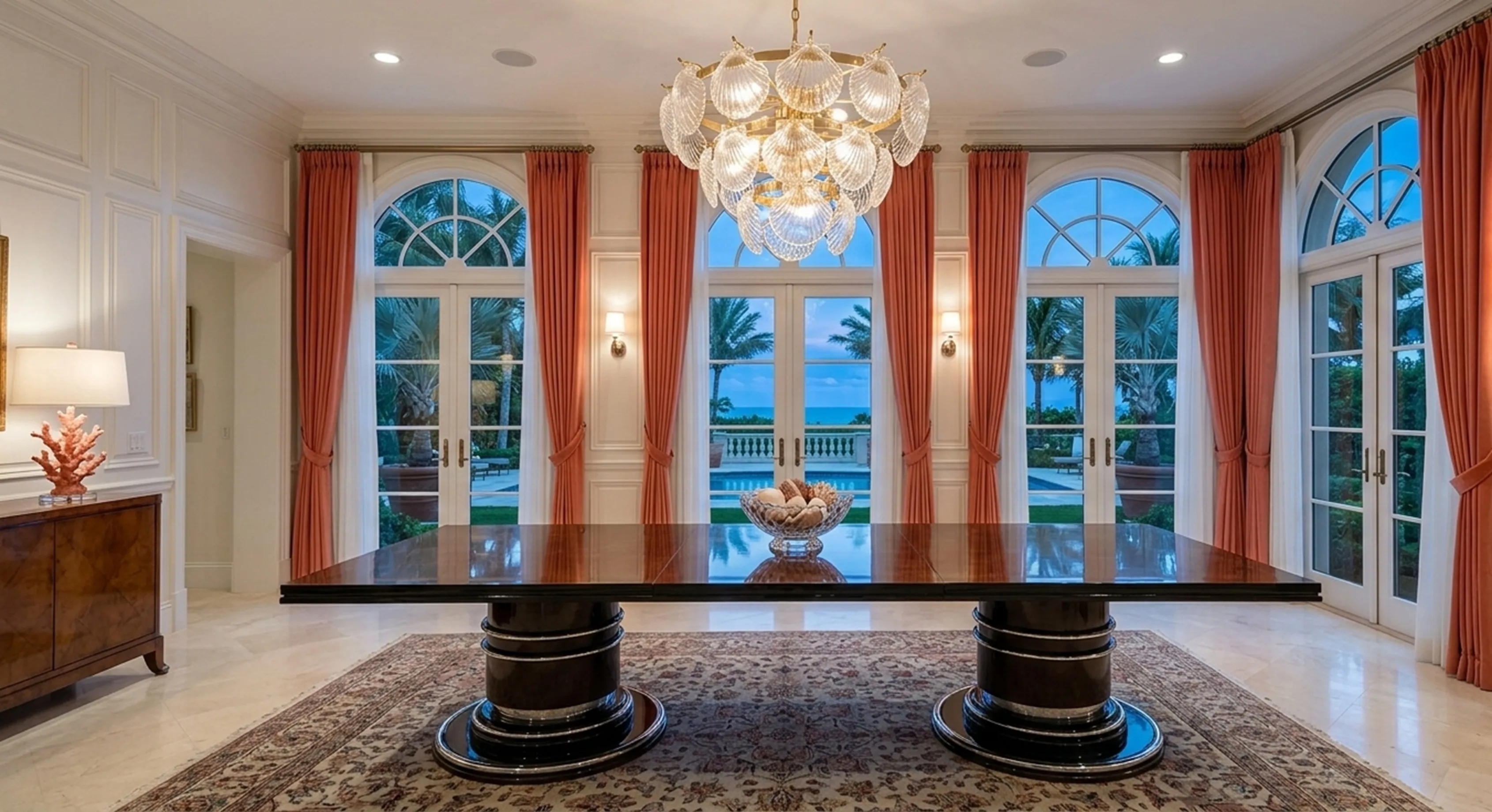 antique dining table for 14 people in an elegant setting with windows and curtains.