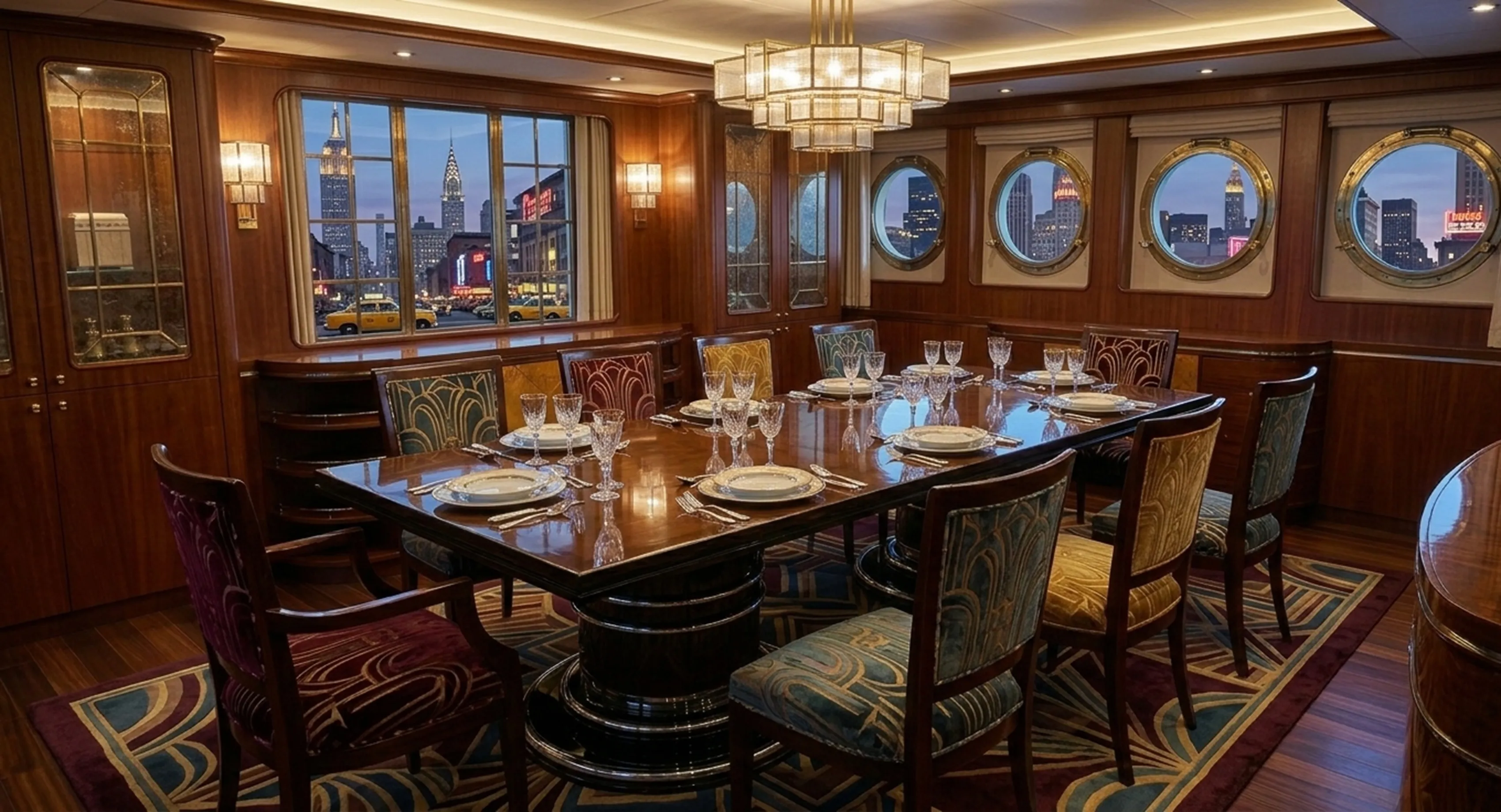 Antique dining table for 14 people in an elegant setting with city views.