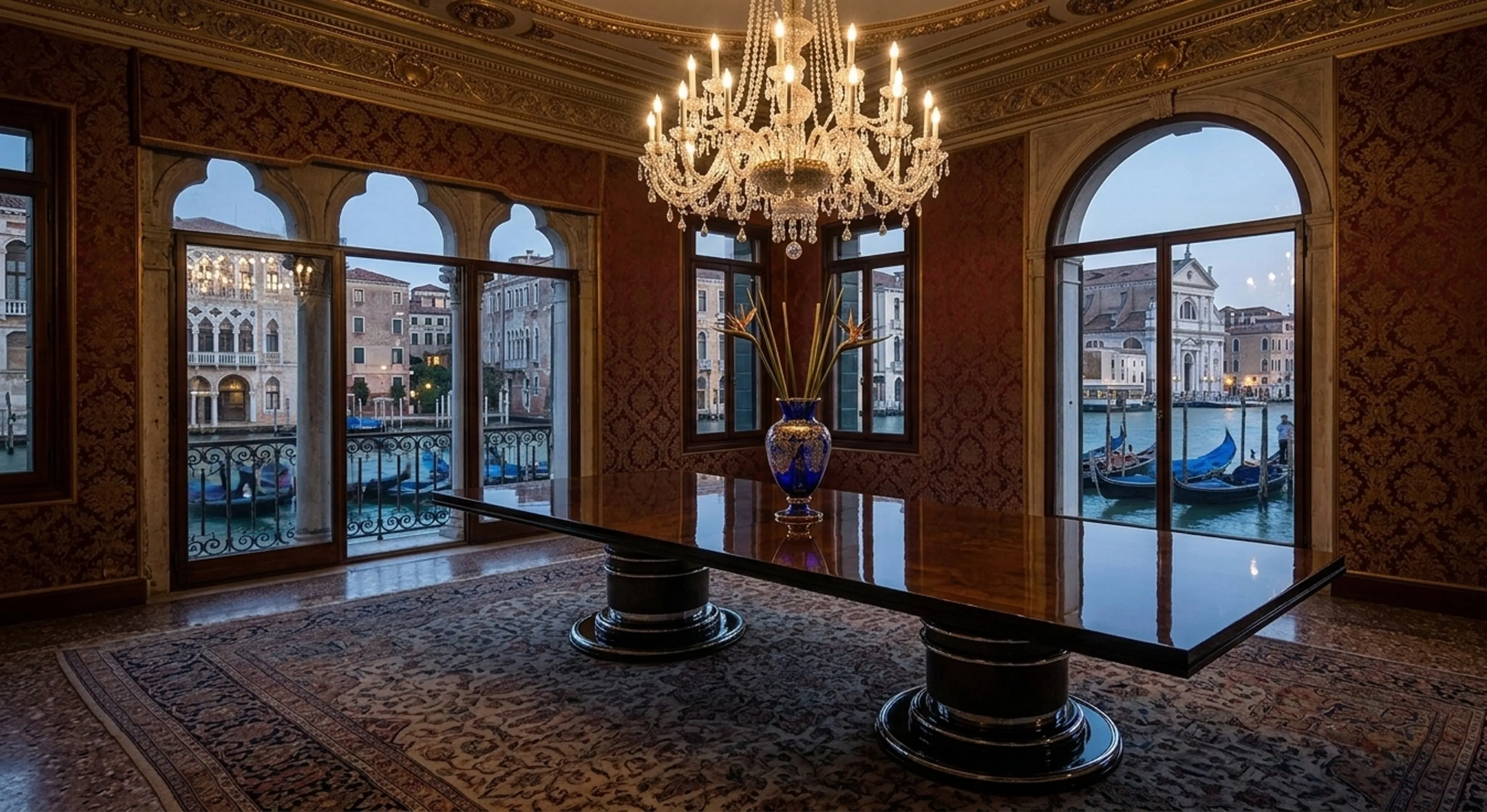 Antiker Esstisch für 14 Personen in einem eleganten Ambiente.