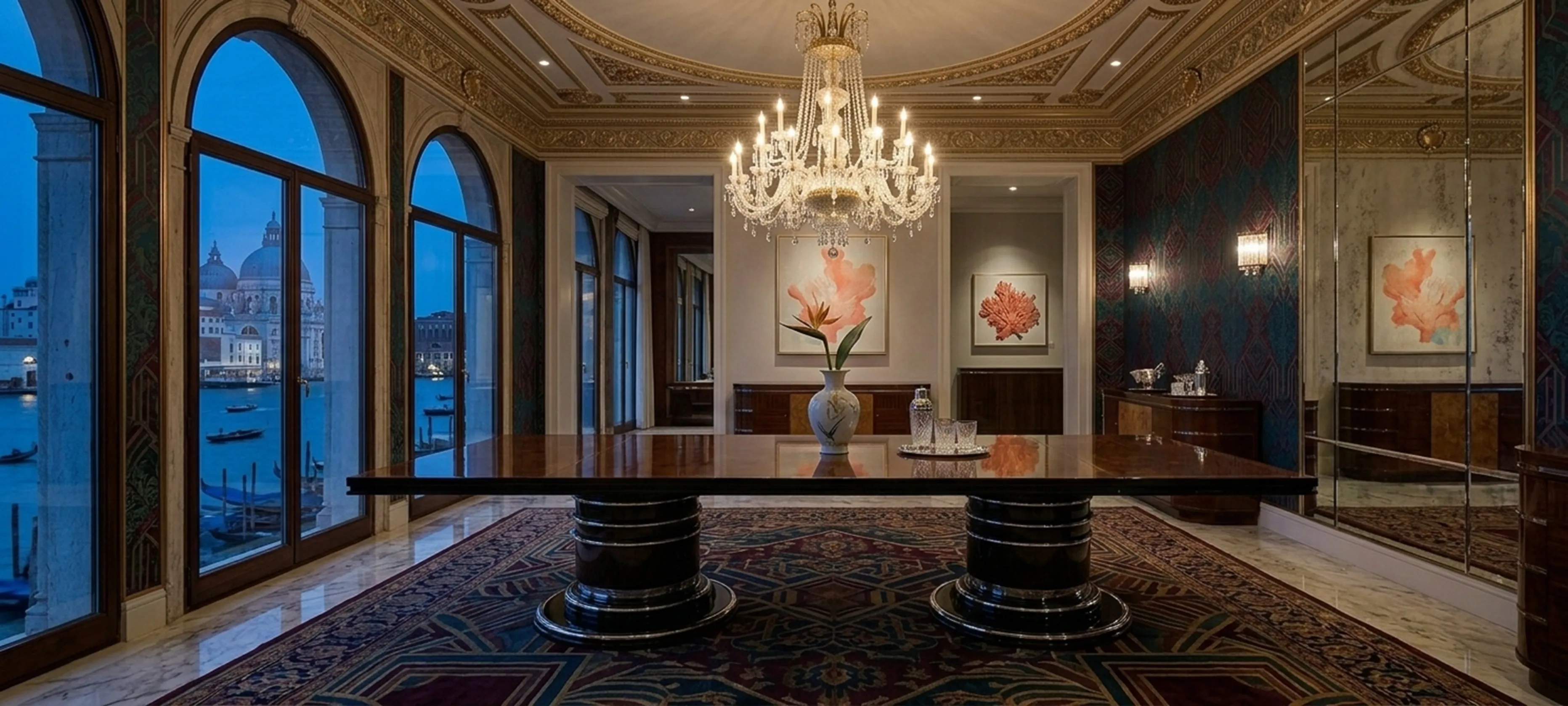 طاولة طعام قديمة لـ 14 شخصًا في بيئة أنيقة.