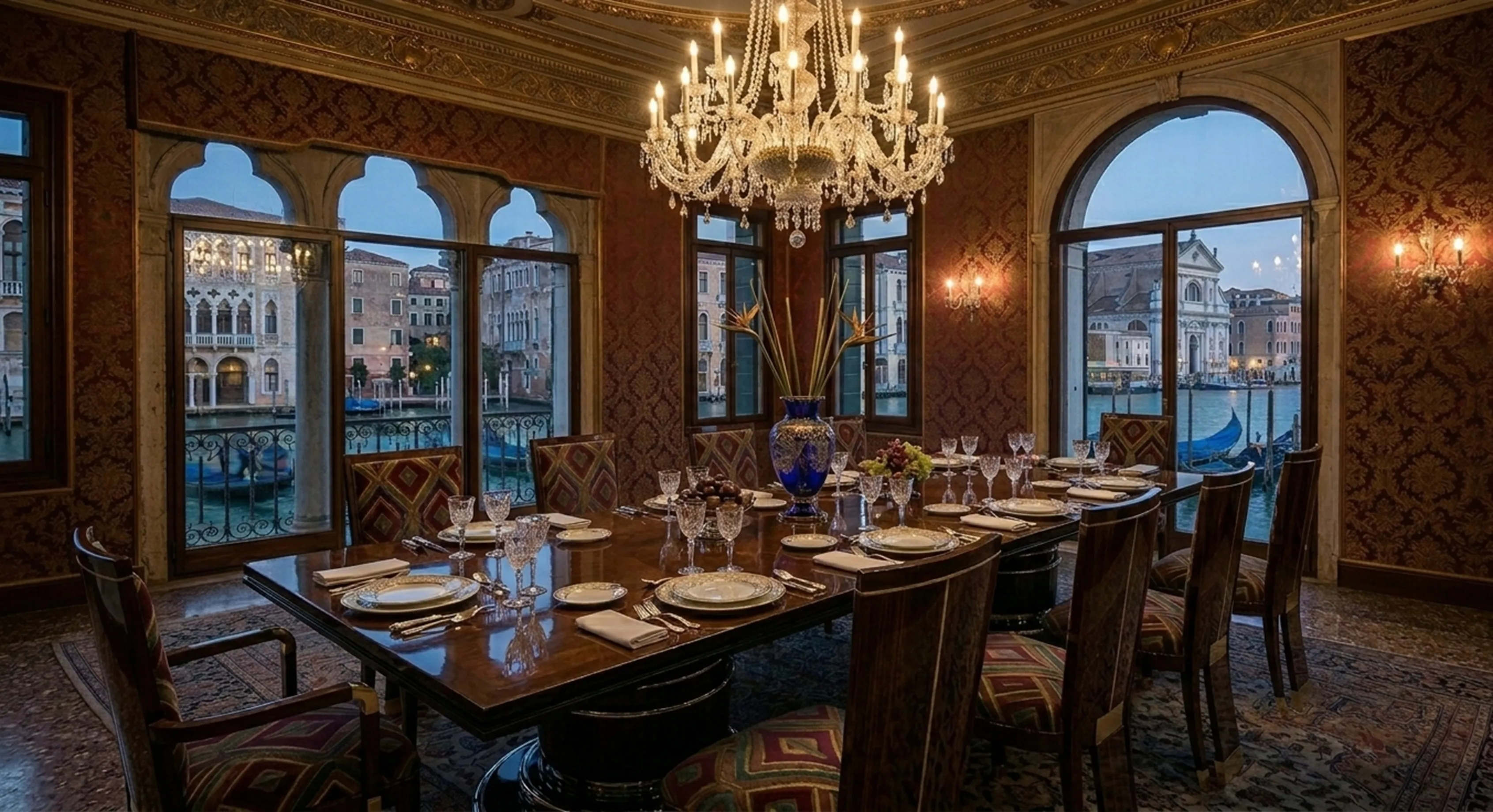 Table à manger antique pour 14 personnes, cadre élégant avec vue.