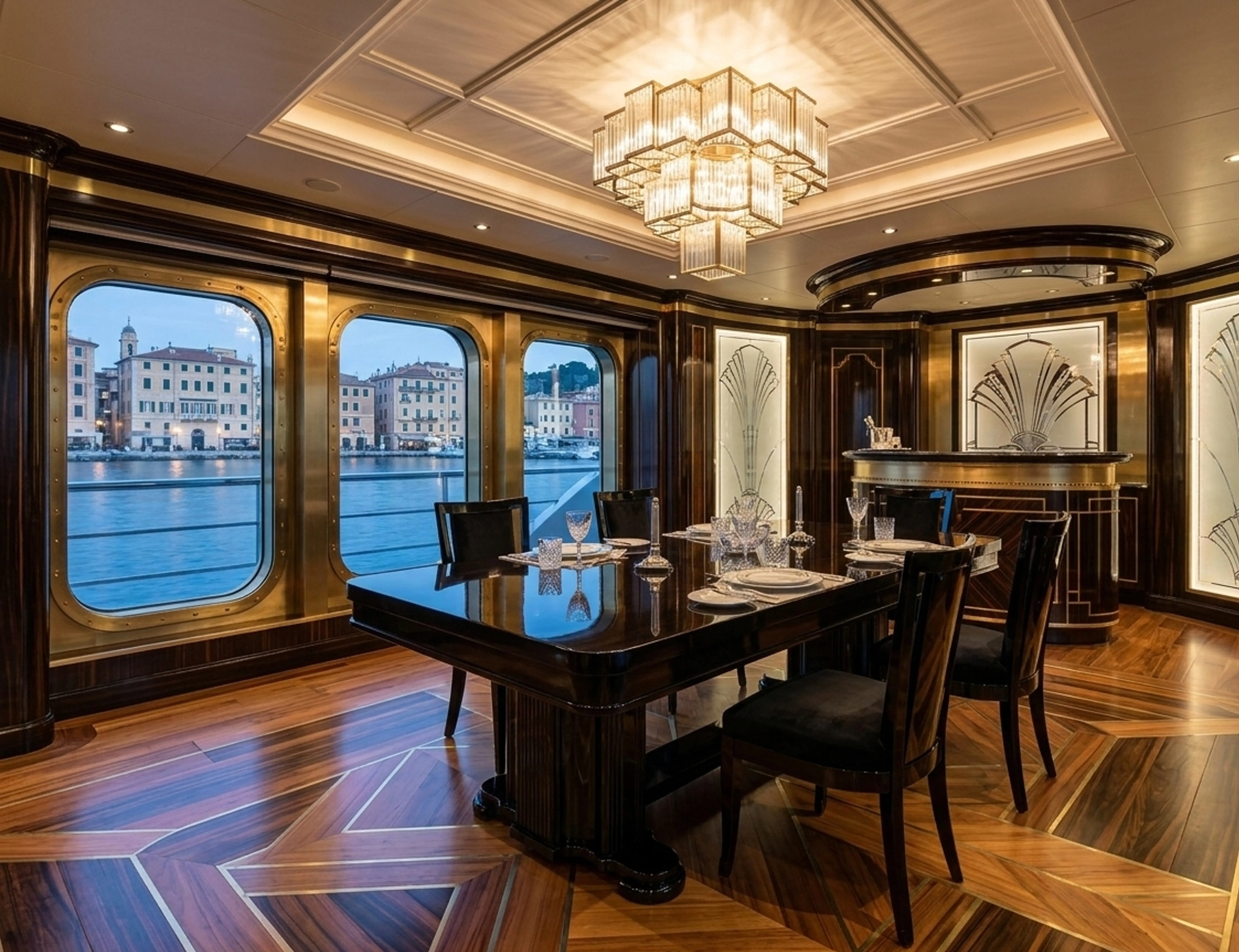 Mesa de comedor antigua para 10 personas en un entorno elegante con vistas al mar.