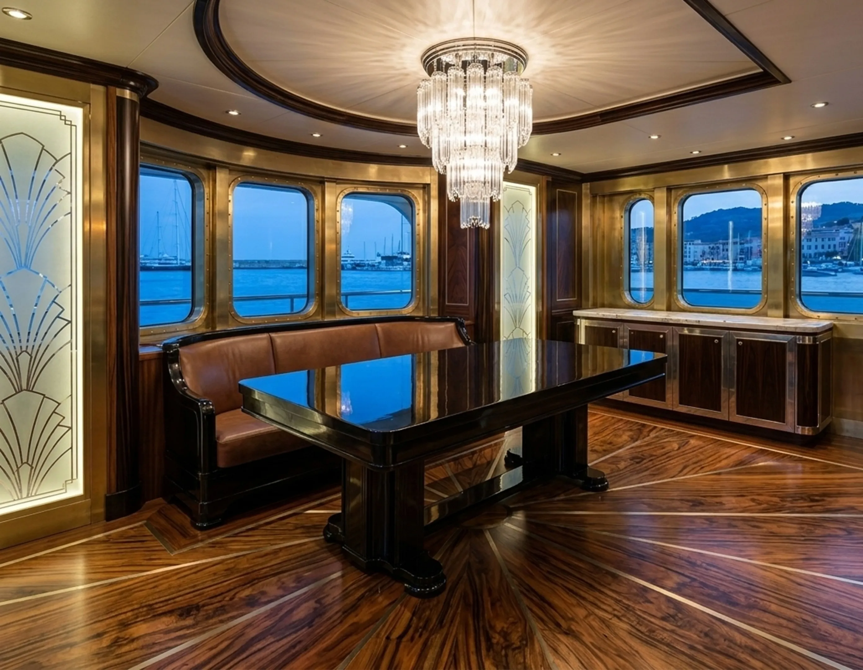 Antique dining table for 10 people with a sea view.