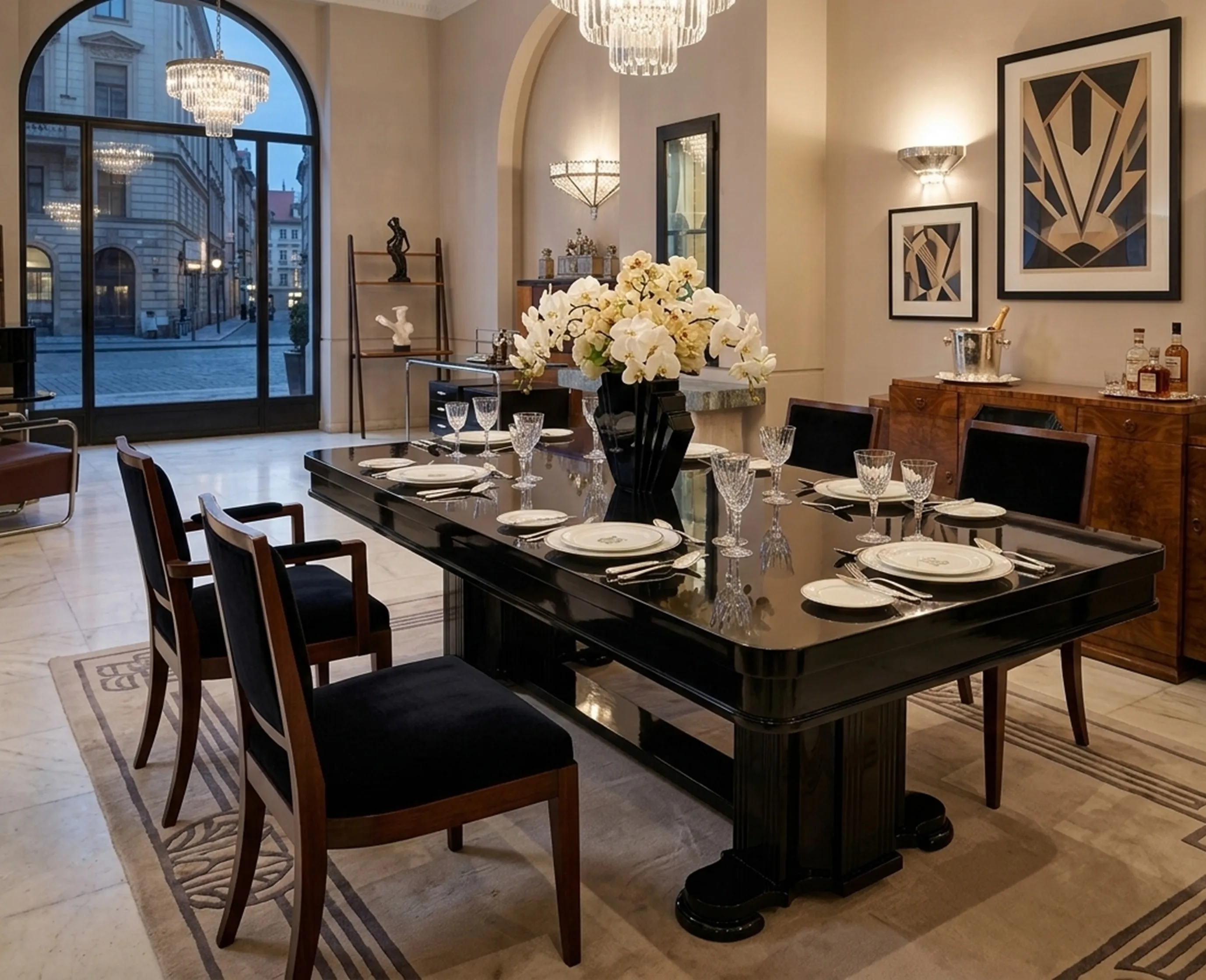 古董餐桌适合10人的优雅环境，配有花卉和餐具。