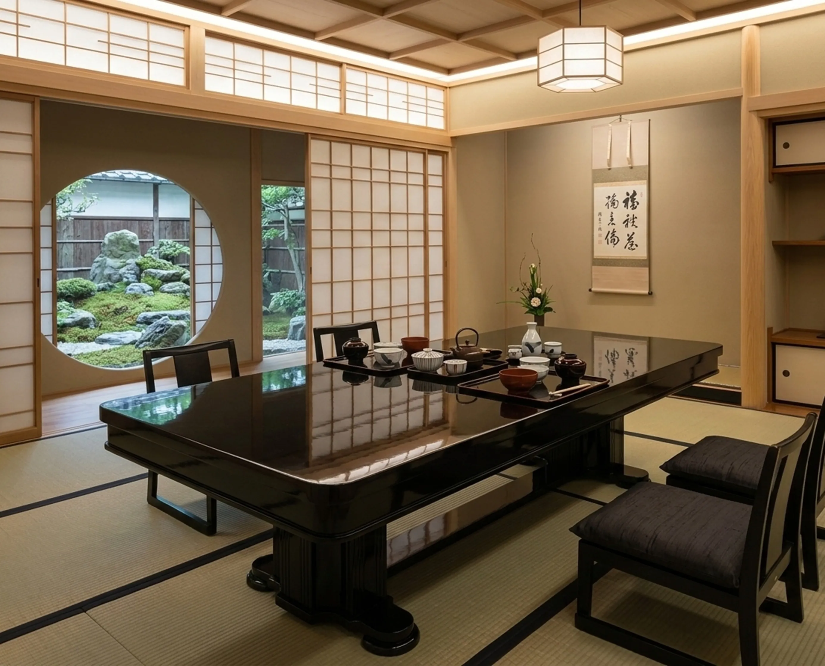 Antiker Esstisch für 10 Personen, in traditioneller japanischer Umgebung mit minimalistischem Dekor.