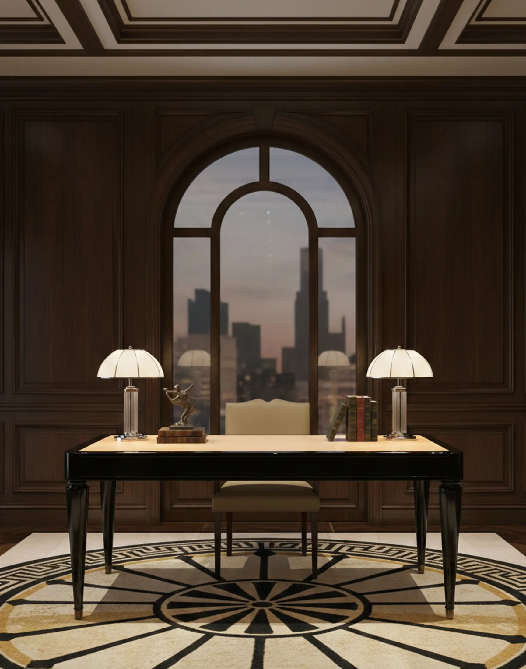 Bureau ancien avec lampe, chaise et vue moderne