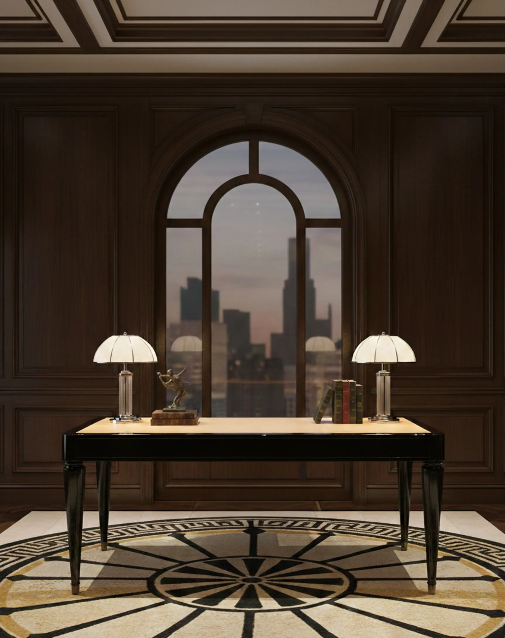 antique desk with lamps and books, elegant setting