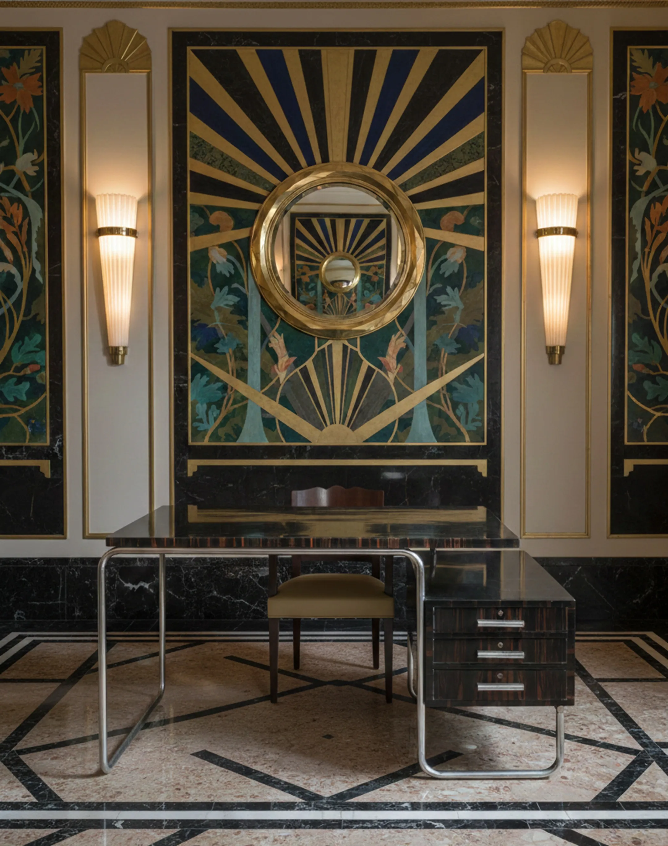 Antique desk with modern design, decorated background