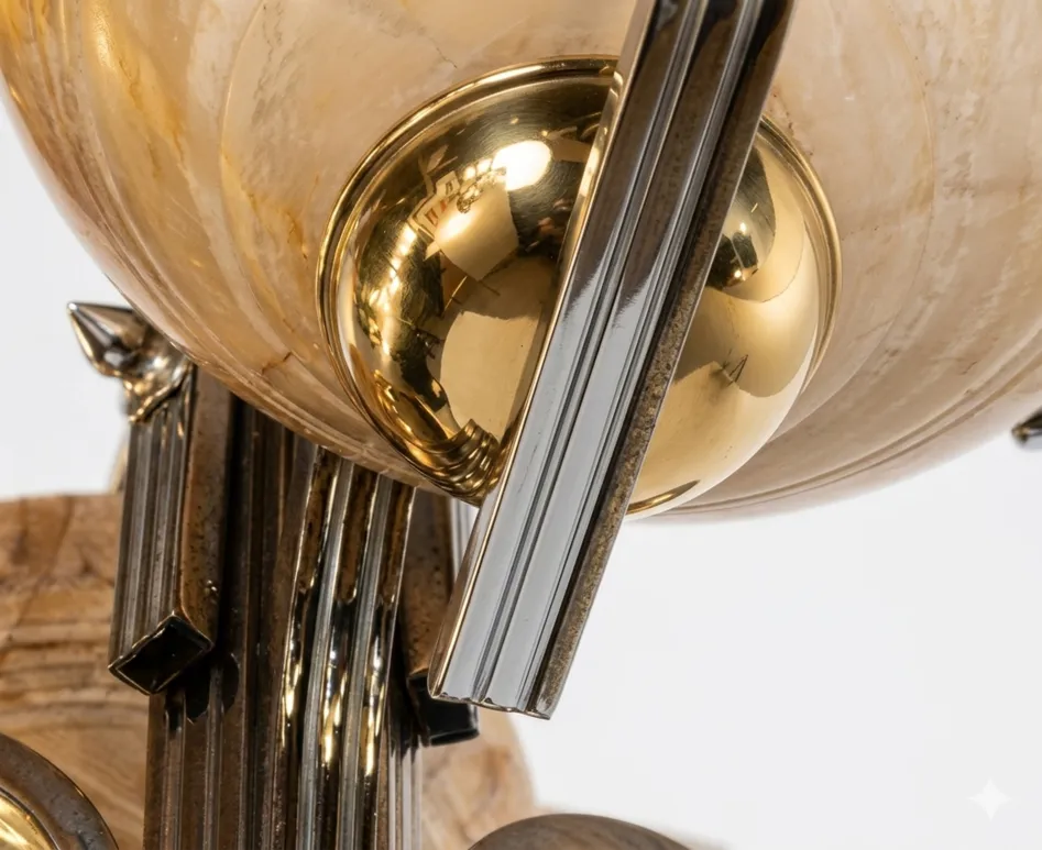 details einer antiken Hängelampe in goldenen Tönen und geometrischen Formen