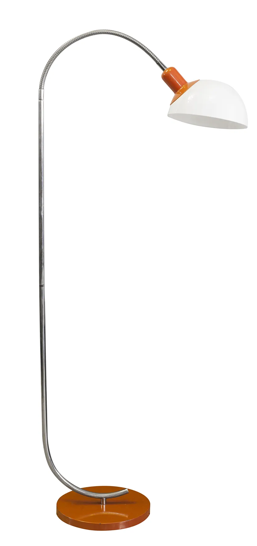 alte stehleuchte mit runder oranger basis und flexiblem arm