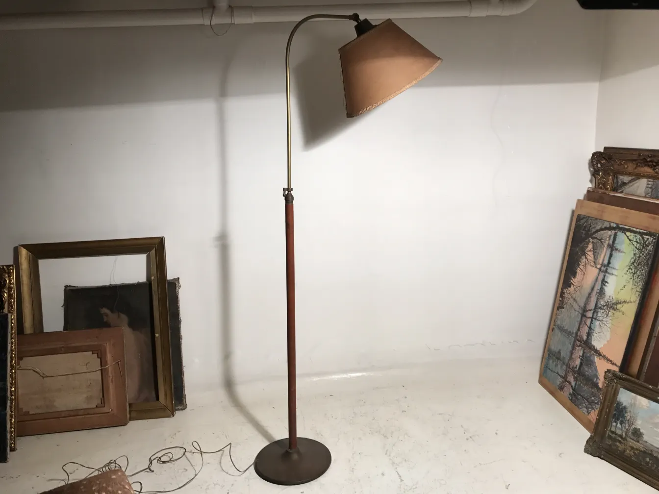 antique floor lamp with brown shade in simple setting