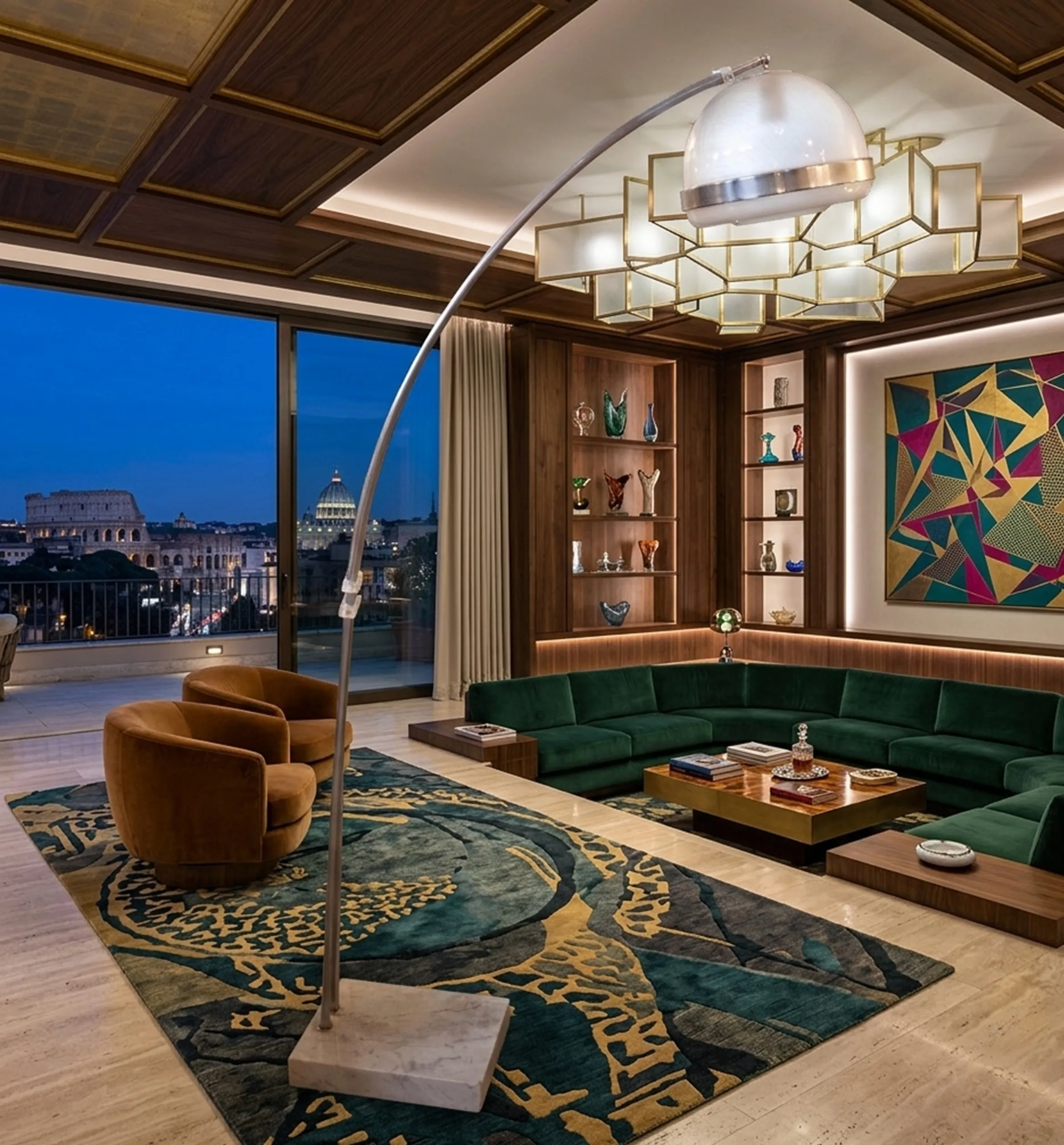 Lampada da terra antica con design curvo e paralume