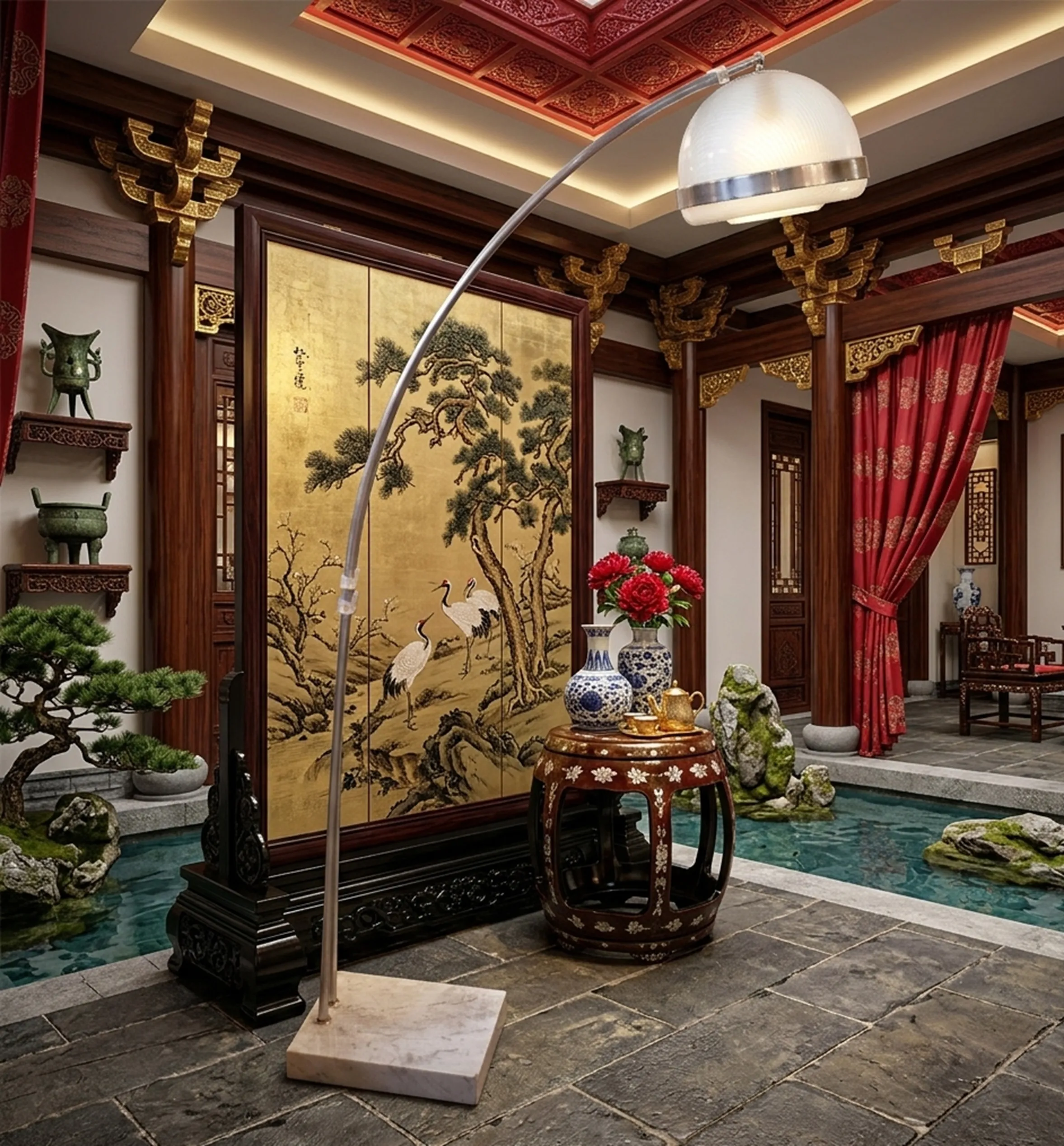 古典的フロアランプ、柔らかな光、東洋の芸術で上品に装飾された部屋