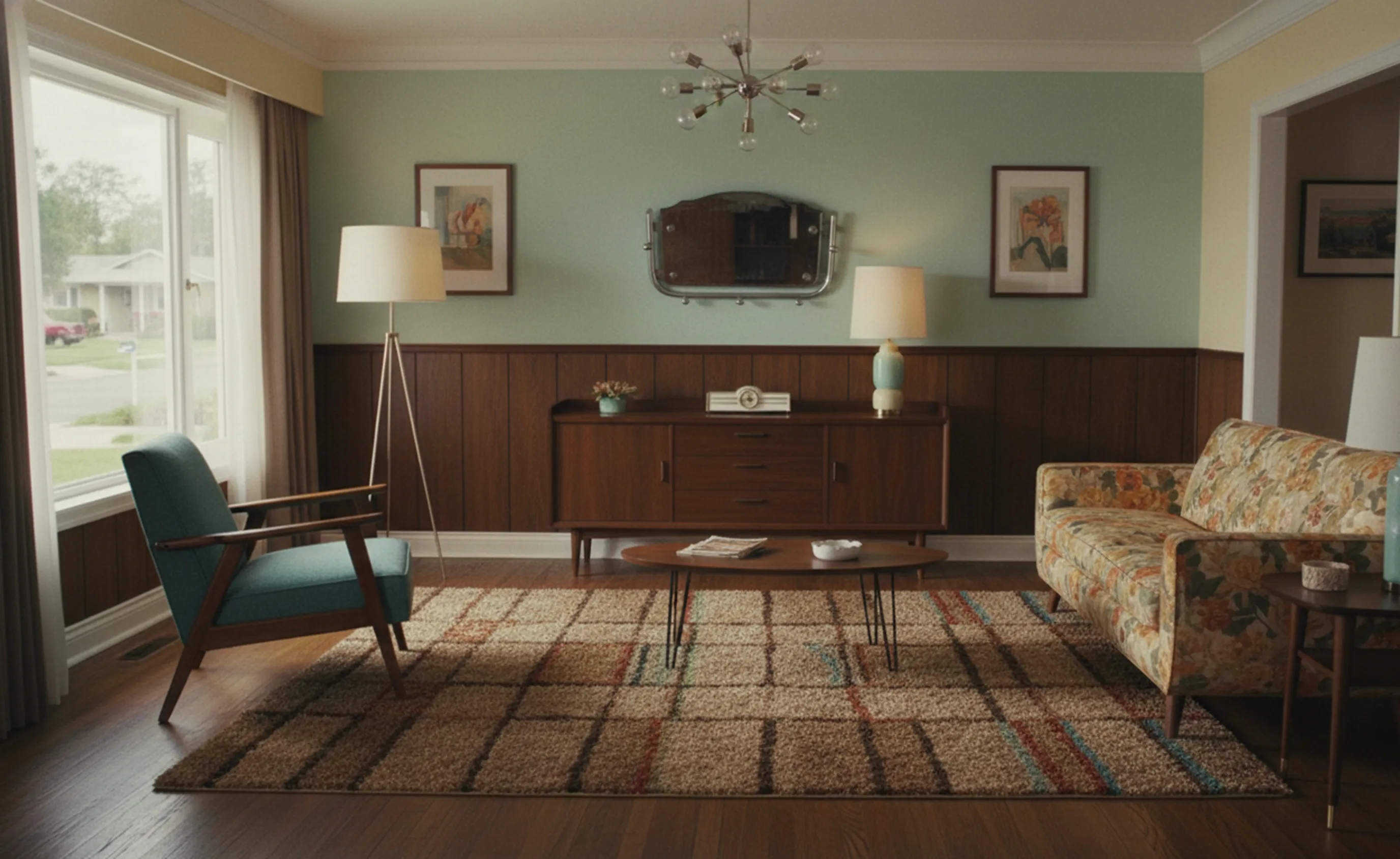 antiker Wandspiegel in einem retro eingerichteten Wohnzimmer