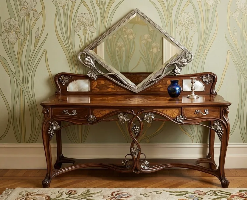 miroir ancien avec cadre décoratif en forme de losange sur une table élégante