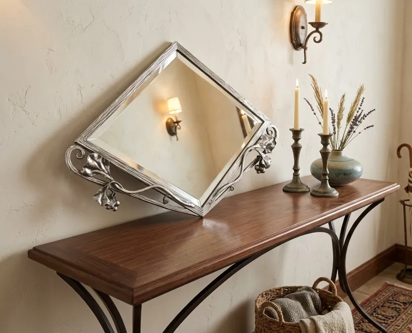 antique mirror with ornate frame, cozy environment with candles and flowers