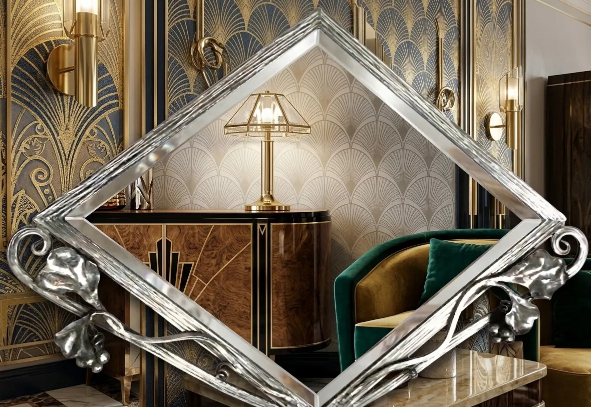 Espejo antiguo con marco artístico, estilo Art Nouveau, en un ambiente elegante.