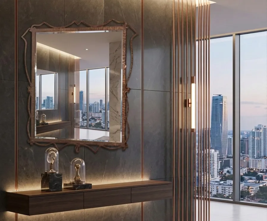 antique mirror with intricate frame in a modern setting with a view