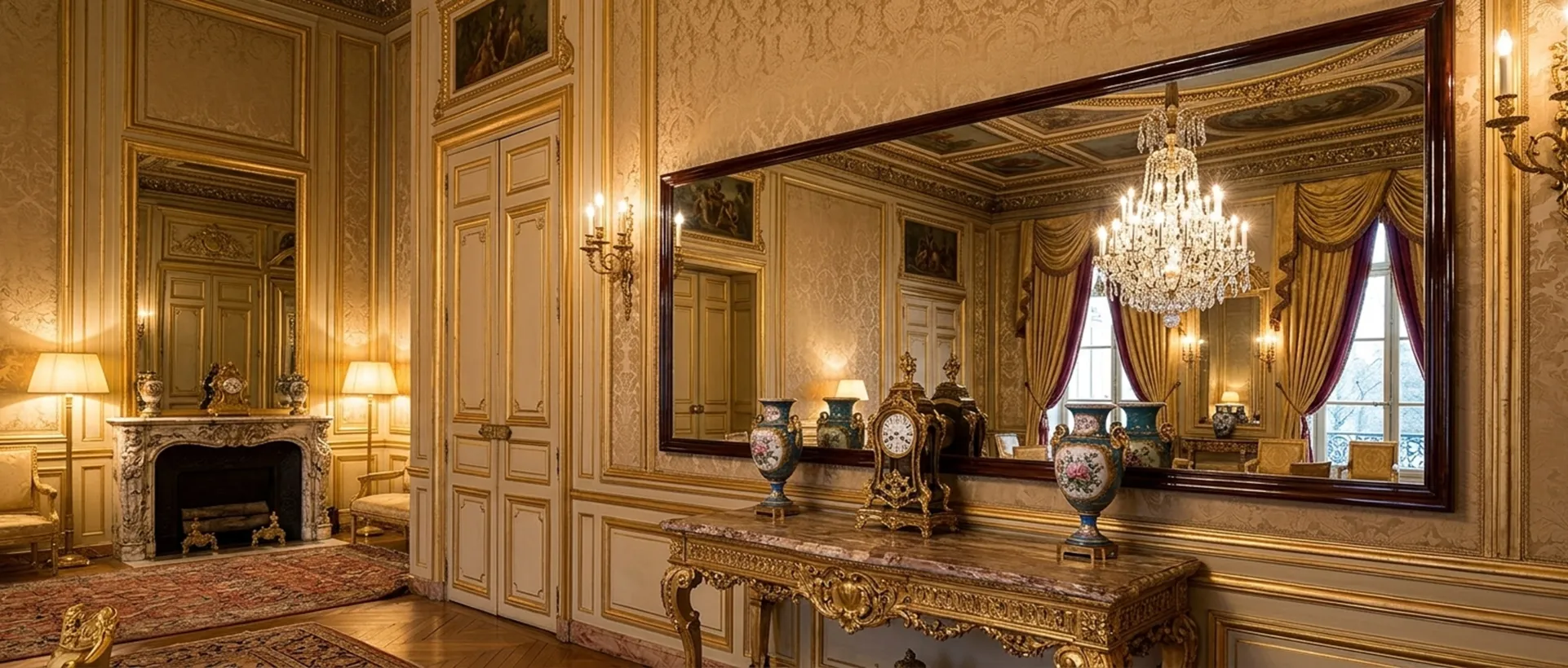 miroir ancien de décoration dans un environnement classique avec des lampes et des sculptures