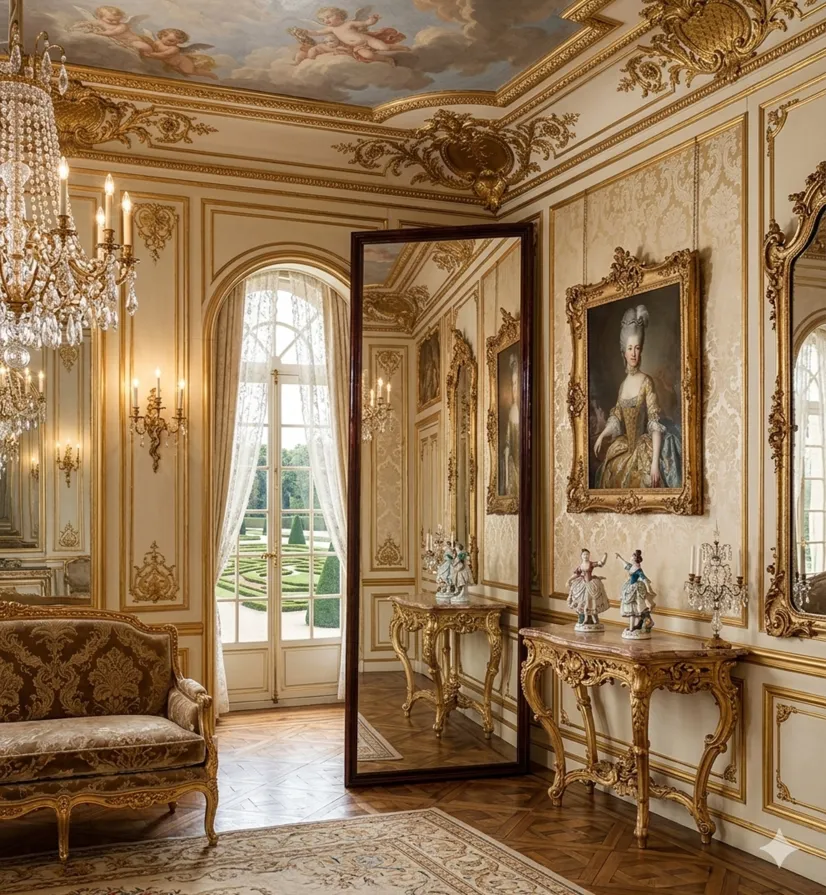 antique decorative mirror in a classic setting with chandeliers and paintings